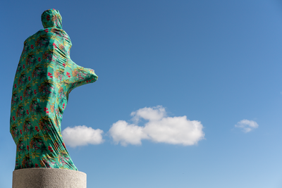 Cover-up of the Christopher Columbus statue behind the Bayfront Park Amphitheater in Miami, Florida