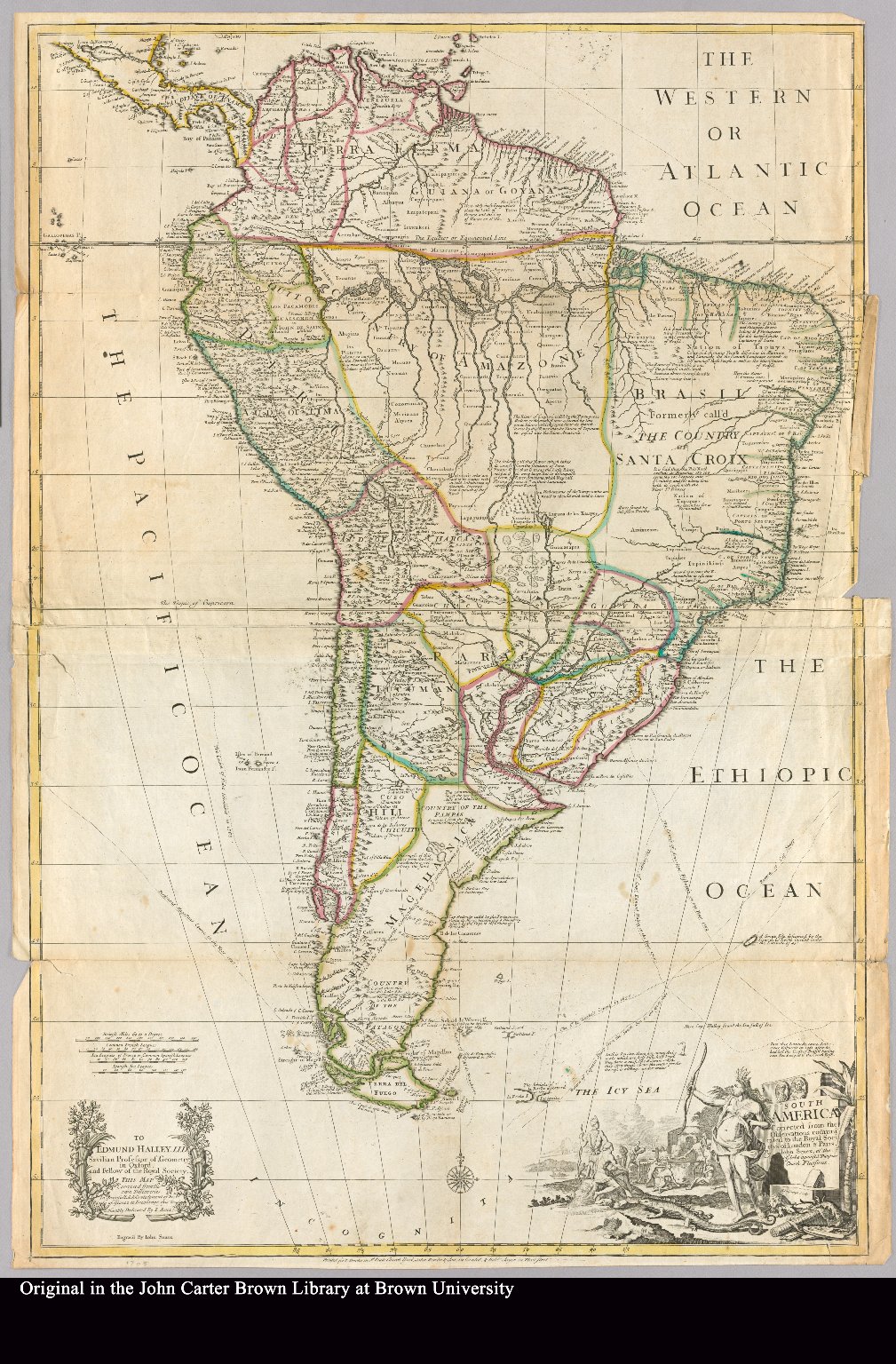 South America corrected from the observation communicated to the
     Royal Society"s of London & Paris by John Senex, at the Globe against St.
     Dunstans Church Fleetstreet.