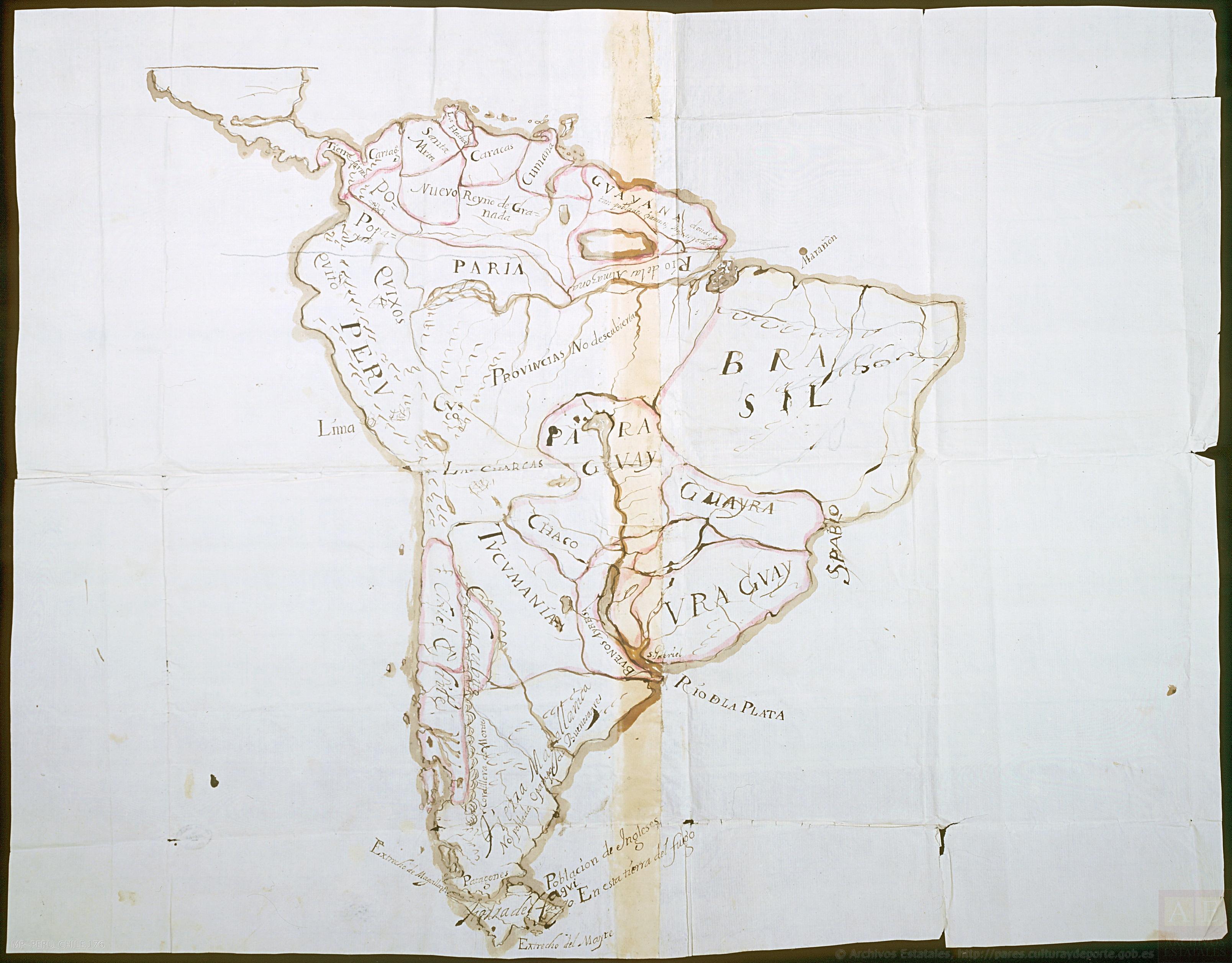 Mapa de América del Sur con indicación de tierras
     habitadas por extranjeros