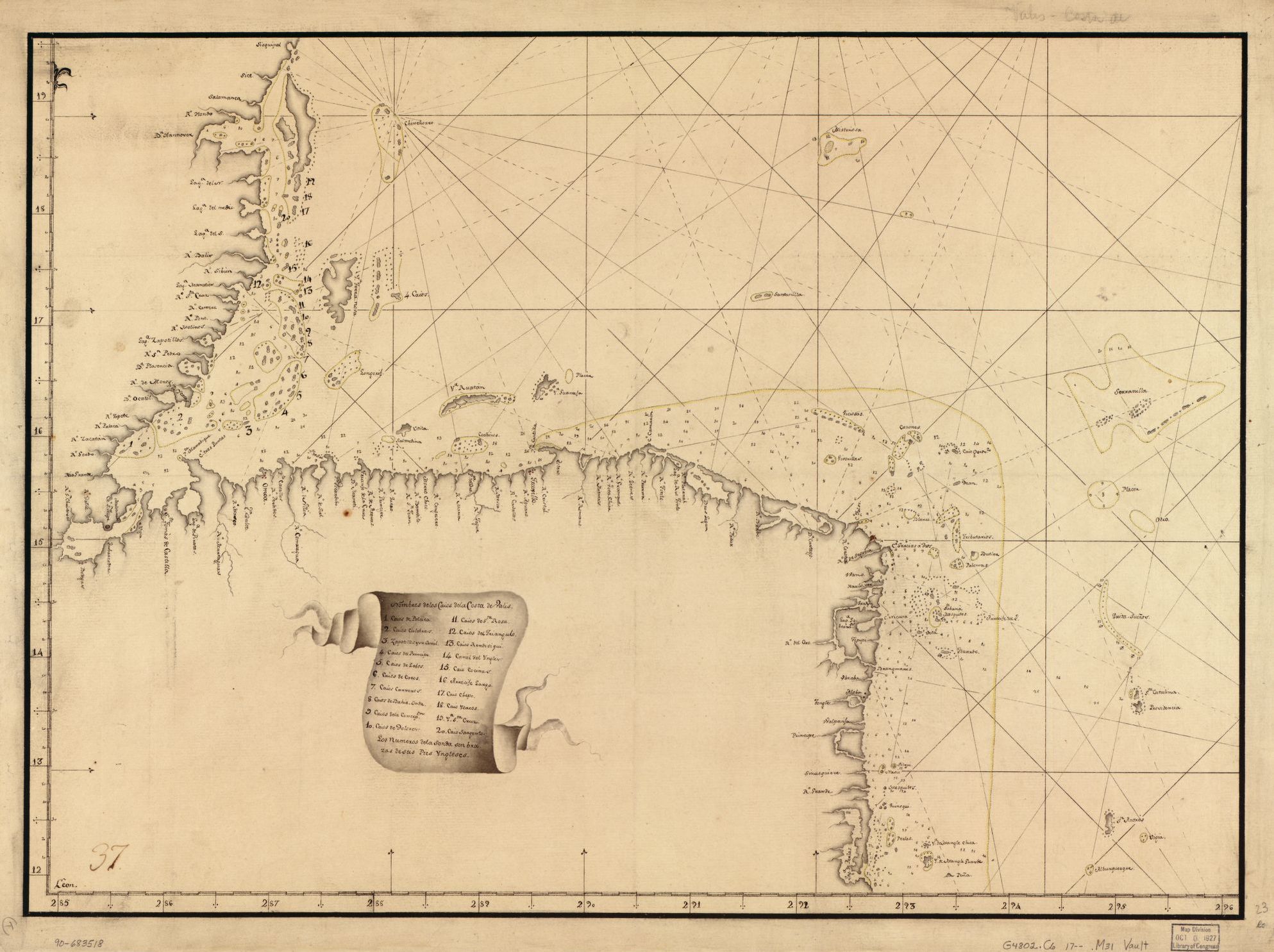 Map showing Caribbean coast of Central America from Belize to Nicaragua.