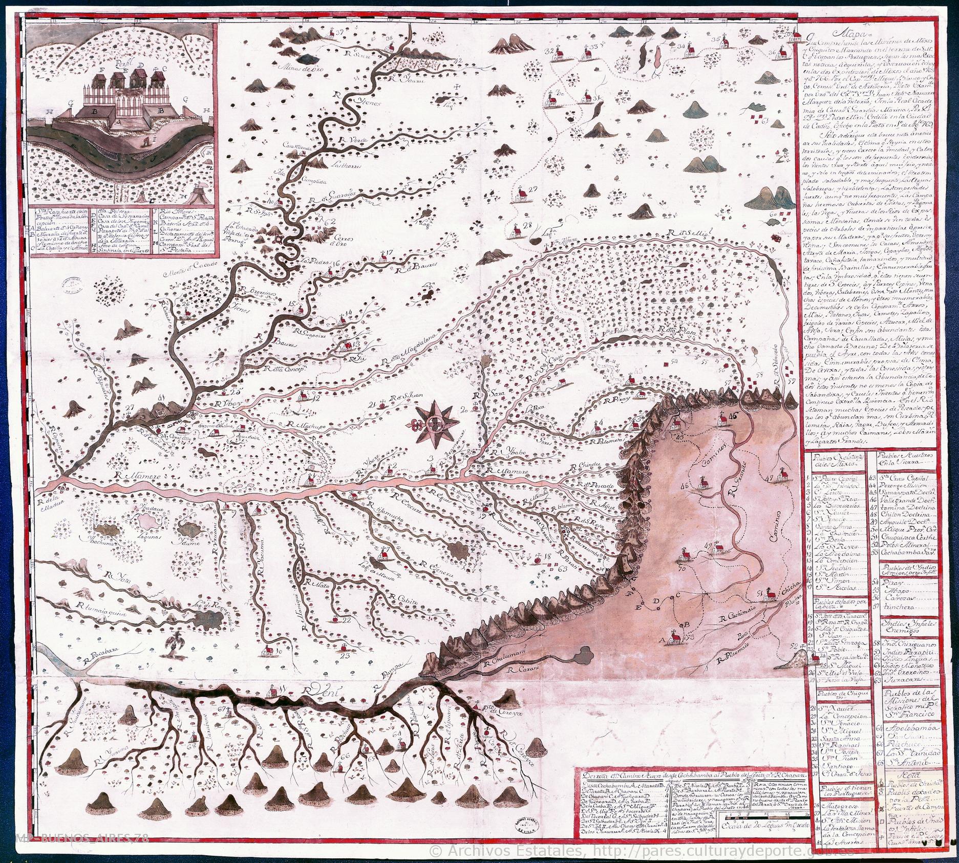 Mapa que comprehende las Misiones de Moxos y Chiquitos.