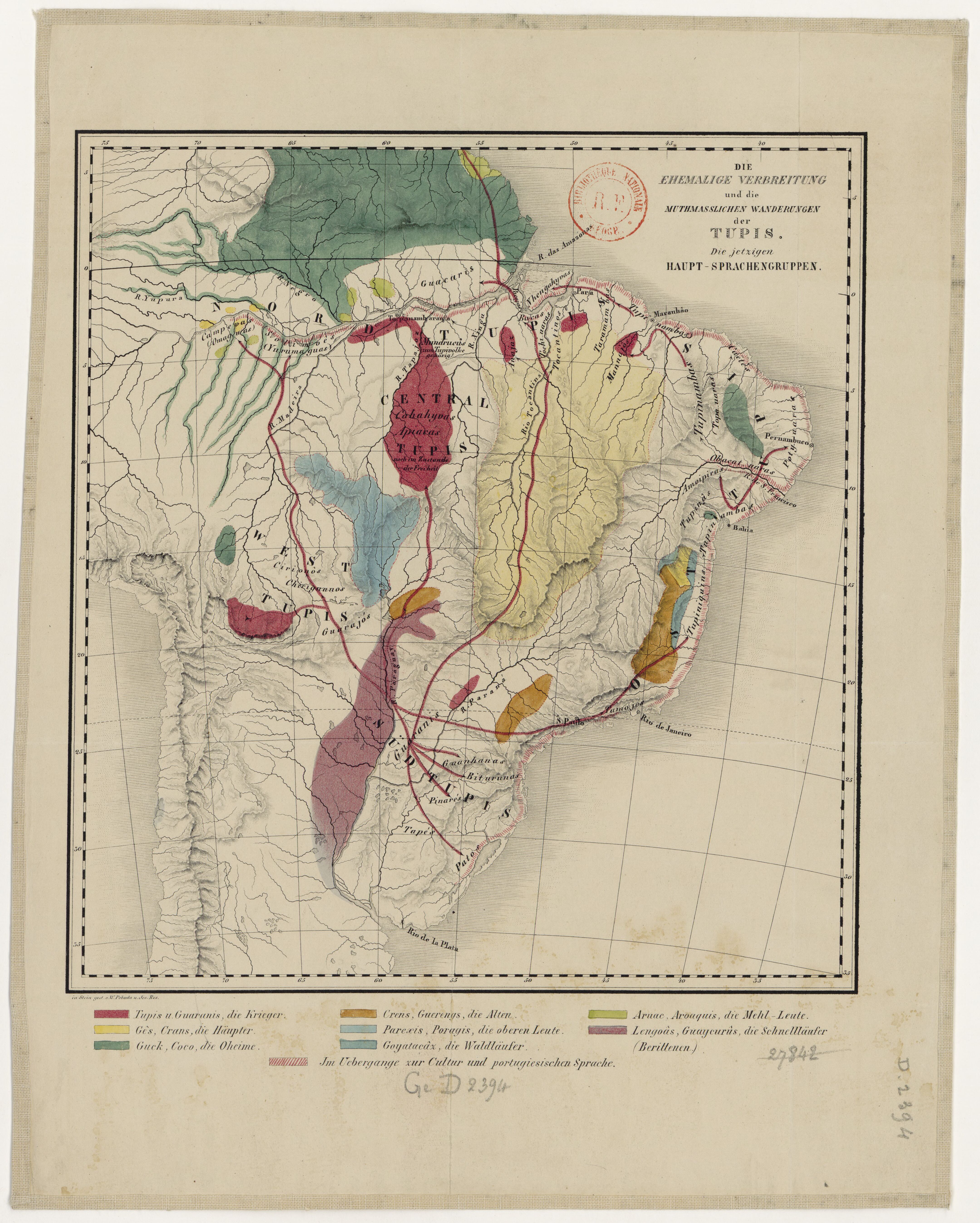 DIE EHEMALIGE VERBREITUNG und die MUTHMASSLICHEN WANDERUNGEN der TUPIS. Die jetzigen HAUPT-SPRACHENGRUPPEN.