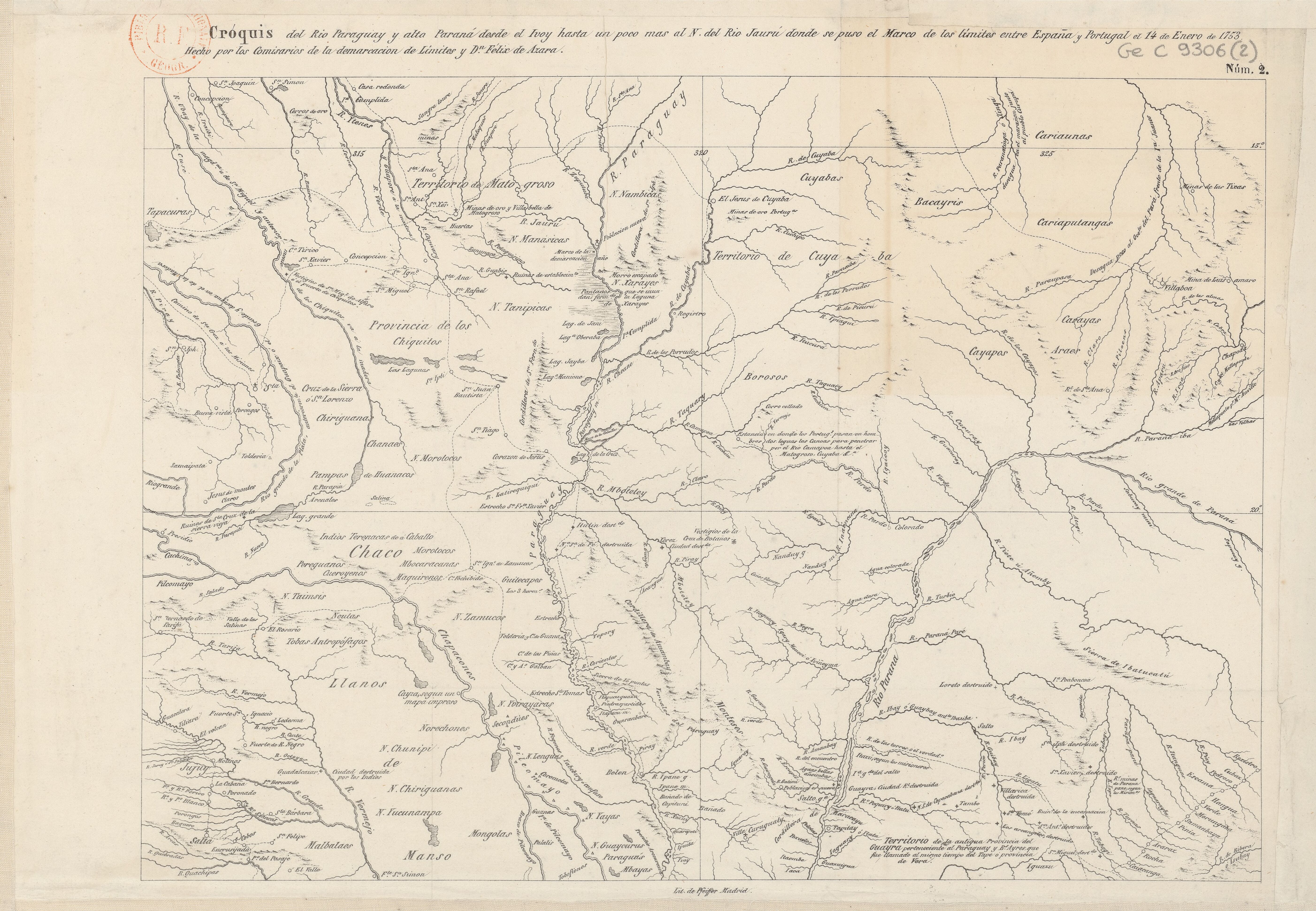 Cróquis del Rio Paraguay y alta Paraná desde el Ivoy hasta un poco más al N. del Rio Jaurú donde se puso el Marco de los límites entre España y Portugal el 14 de Enero de 1753.