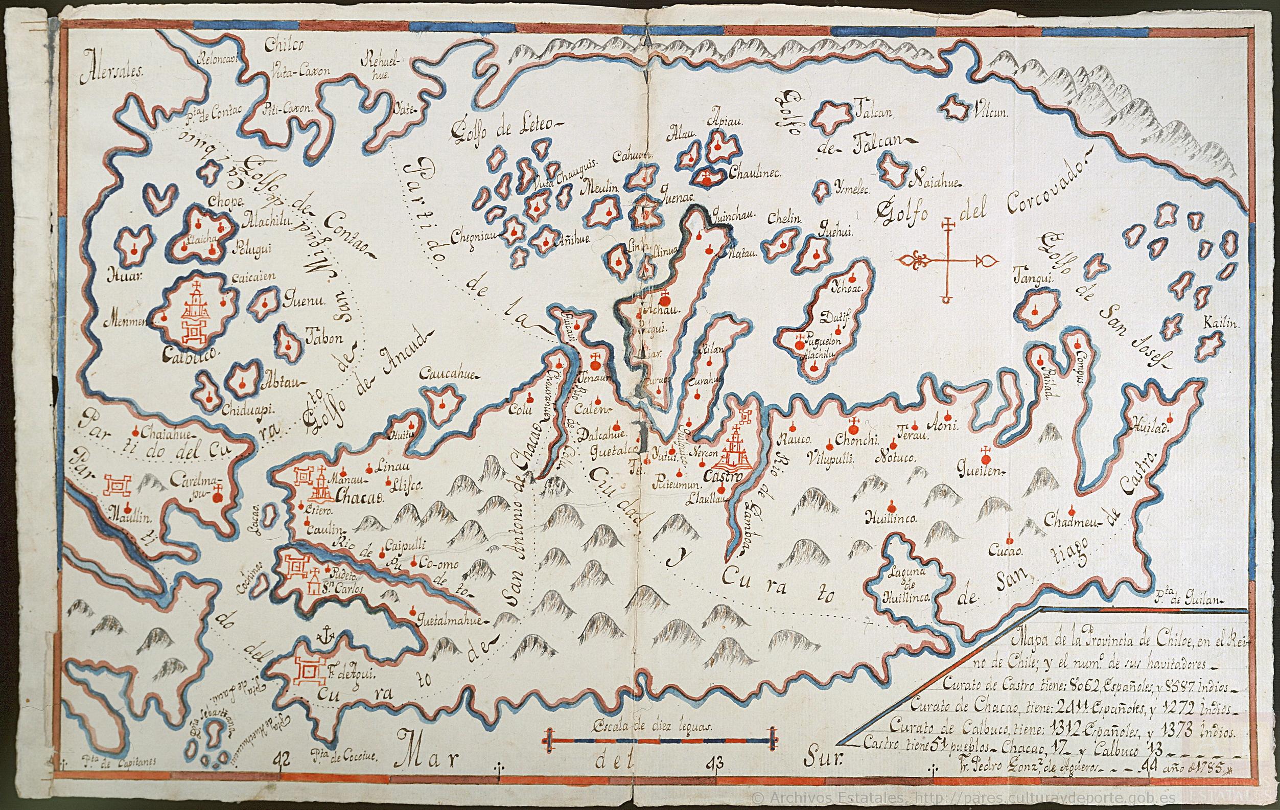 Mapa de la Provincia de Chiloé en el Reino de Chile y
     el número de sus habitantes