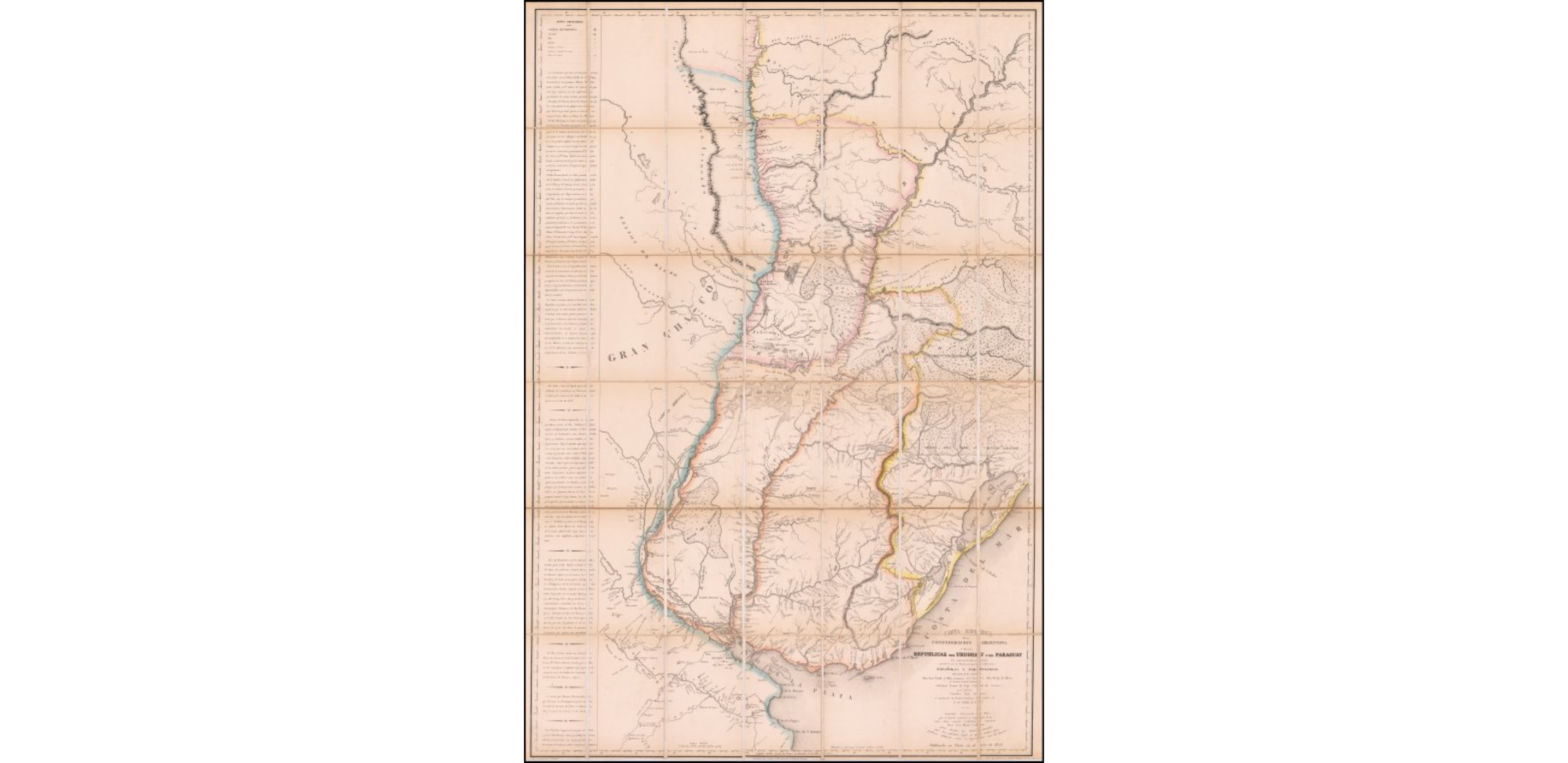 Carta Esférica de la Confederacion Argentina y de las Republicas del Uruguay y del Paraguay que comprende los Reconocimientos practicados por las Primeros y Segundas Subdivisions Españolas y Portuguesas del mando de los Señores Don Jose Varlea y Ulloa (Comisario Pral. Diror.) Don Diego de Albear;el Teniente General Lucitano Sebastian Xavier da Vega Cabrad da Camara;y el Coronel Francisco Juan Roscio;en Cumplimento del Tratado Preliminar de Limites de 11 de Ocubre de 1777