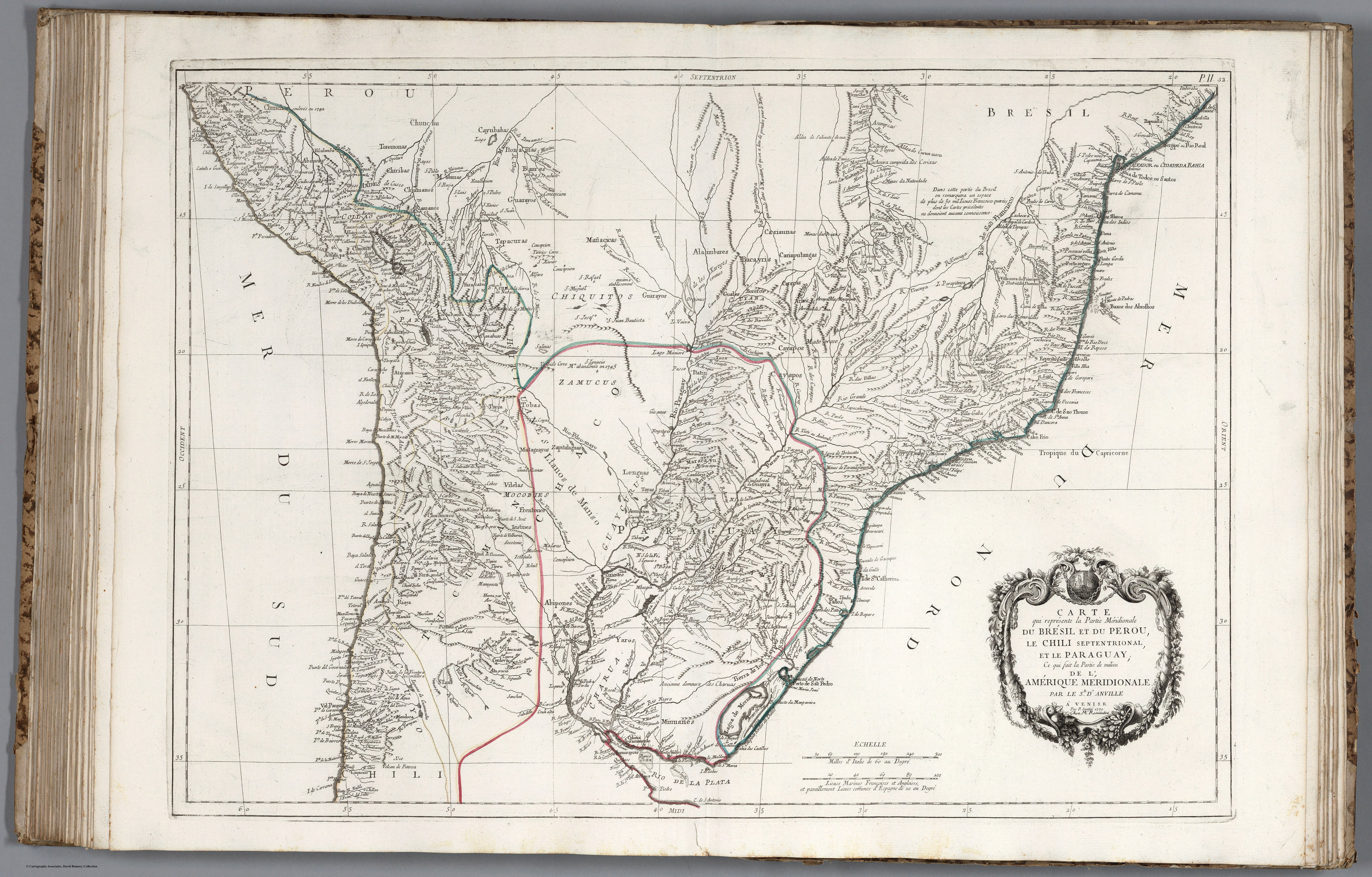 CARTE que représente la Partie Méridionale DU BRÉSIL ET DU PEROU;LE CHILI SEPTENTRIONAL;EL LE PARAGUAY;Ce qui fait la Pártie de milieu DE L’AMÉRIQUE MERIDIONALE PAR LE SR. D’ANVILLE À VENISE Par P. Santini 1779. Chez M’.Remondiri.