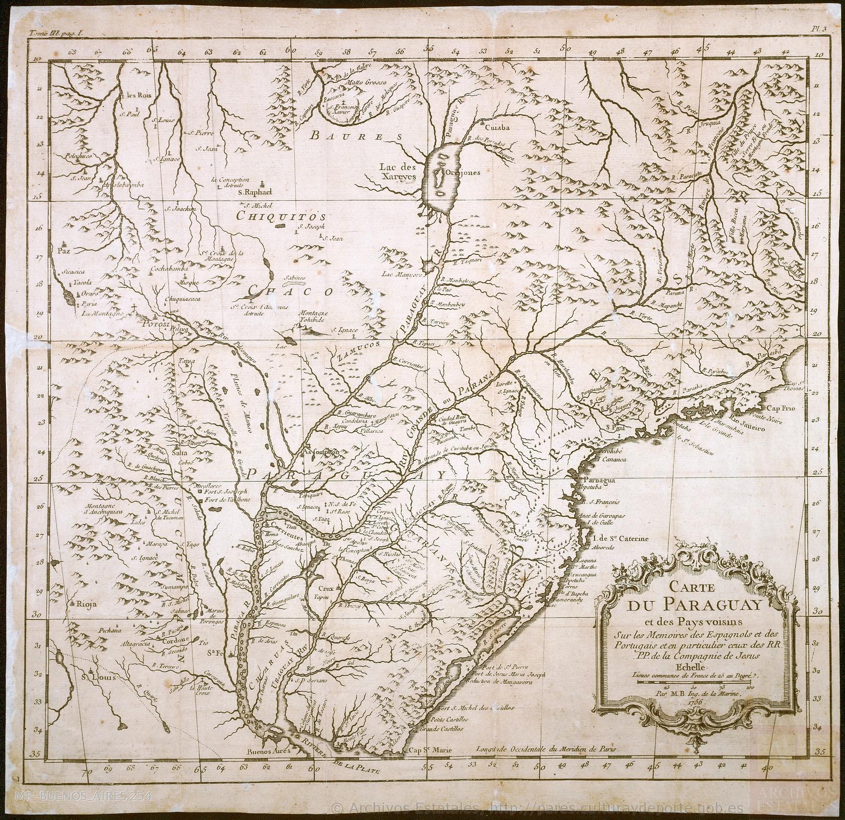 CARTE DU PARAGUAY et des pays voisins sur les memoires des espagnols et des portugais et en particulier ceux des RR.PP. de la Compagnie de Jesus