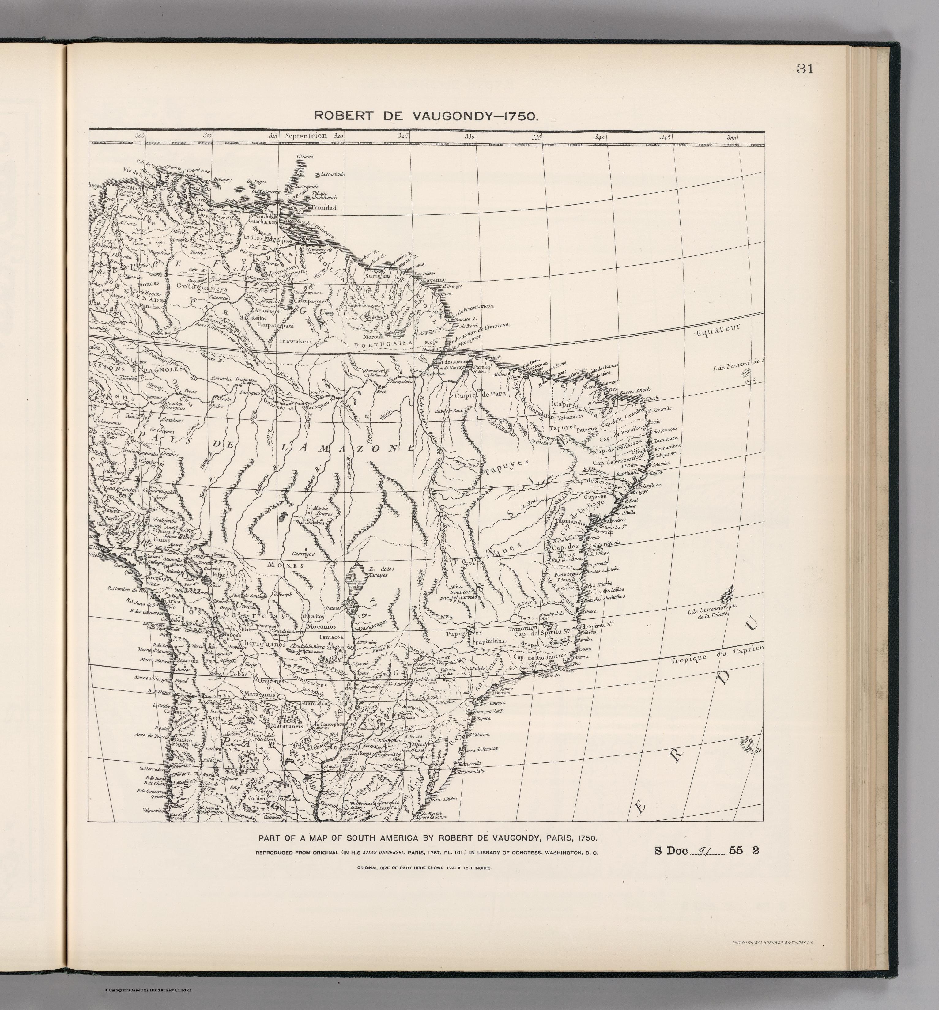 FACSIMILE: PART OF SOUTH AMERICA BY DE VAUGONDY