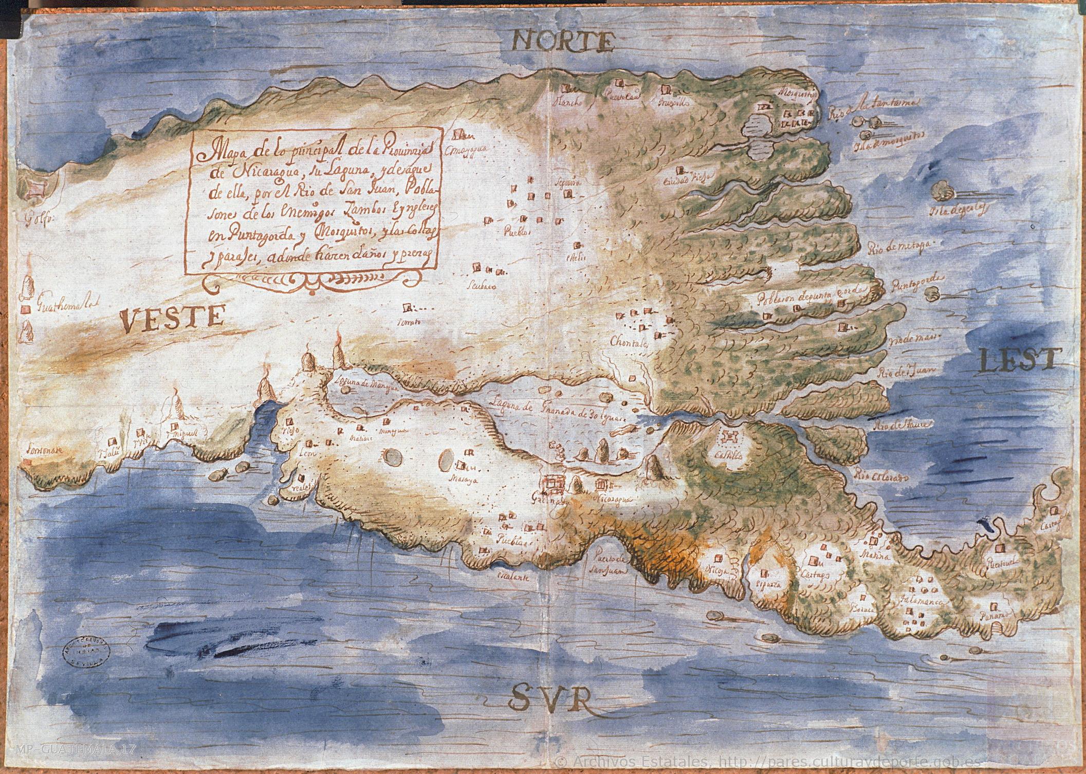 Mapa de lo principal de la Provincia de NIC;su Laguna;y desagüe de ella;por el Río de San Juan;Poblasones [sic] de los enemigos Zambos e yngleses en Puntagorda y Mosquitos;y las costas y parajes;adonde hacen daños y prezas