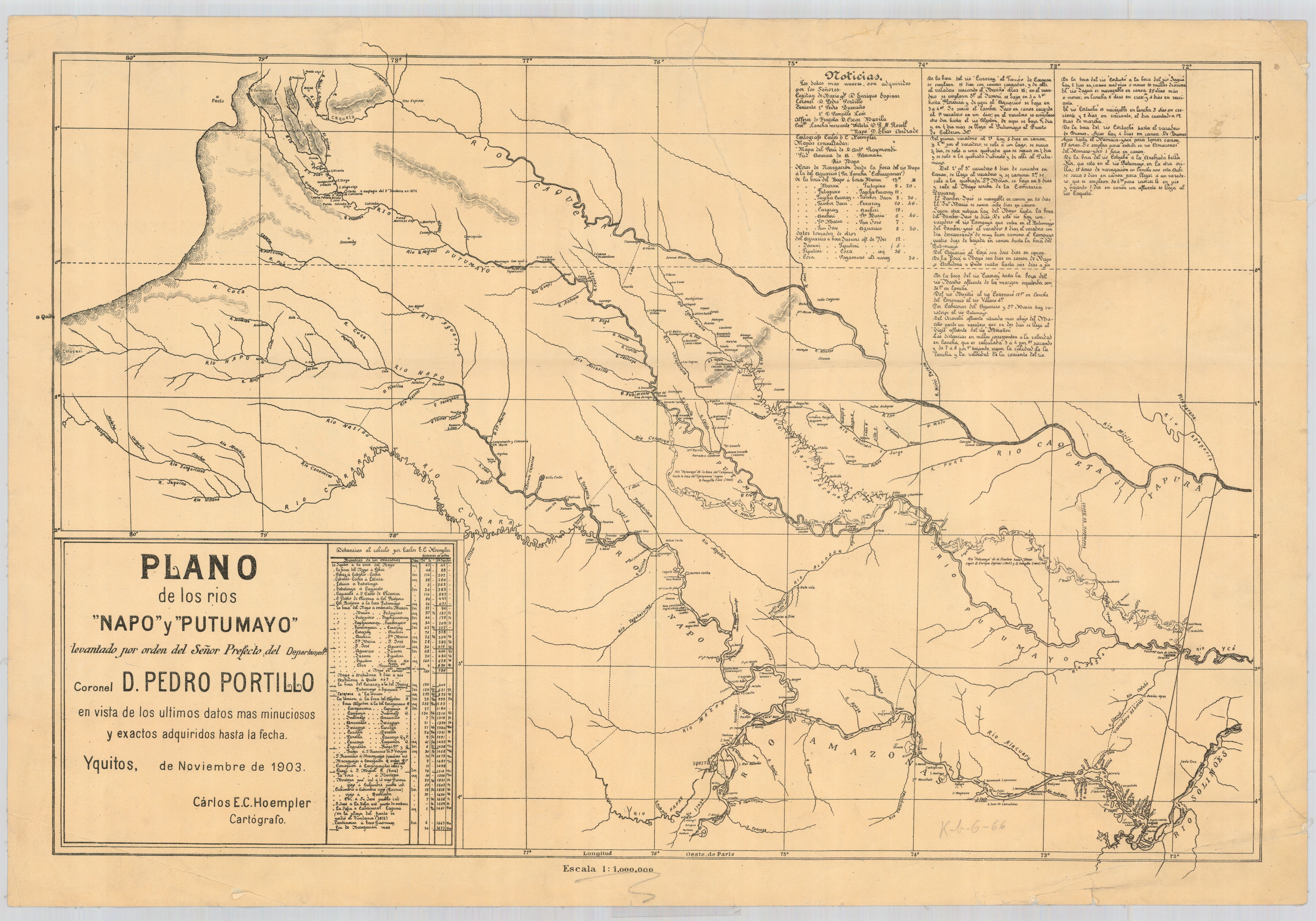 Plano de los rios Napo y Putumayo / levantado por orden del señor prefecto del departemento coronel d. Pedro Portillo en vista de los últimos datos mas minuciosos y exactos adquiridos hasta la fecha