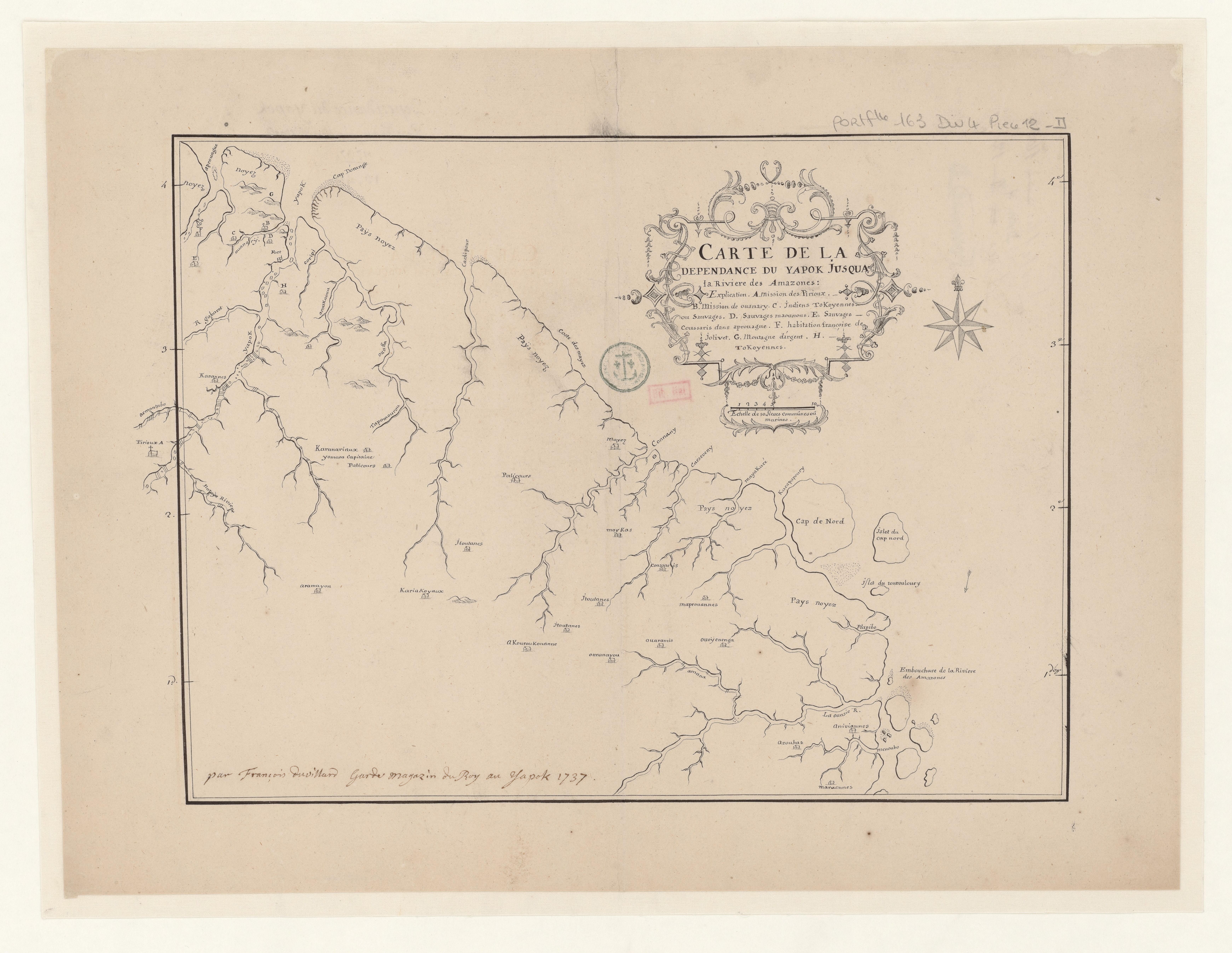 Carte de la dépendance du Yapok jusqu'à la Rivière des Amazones;par François Duvillard garde magazin du Roy au Yapok