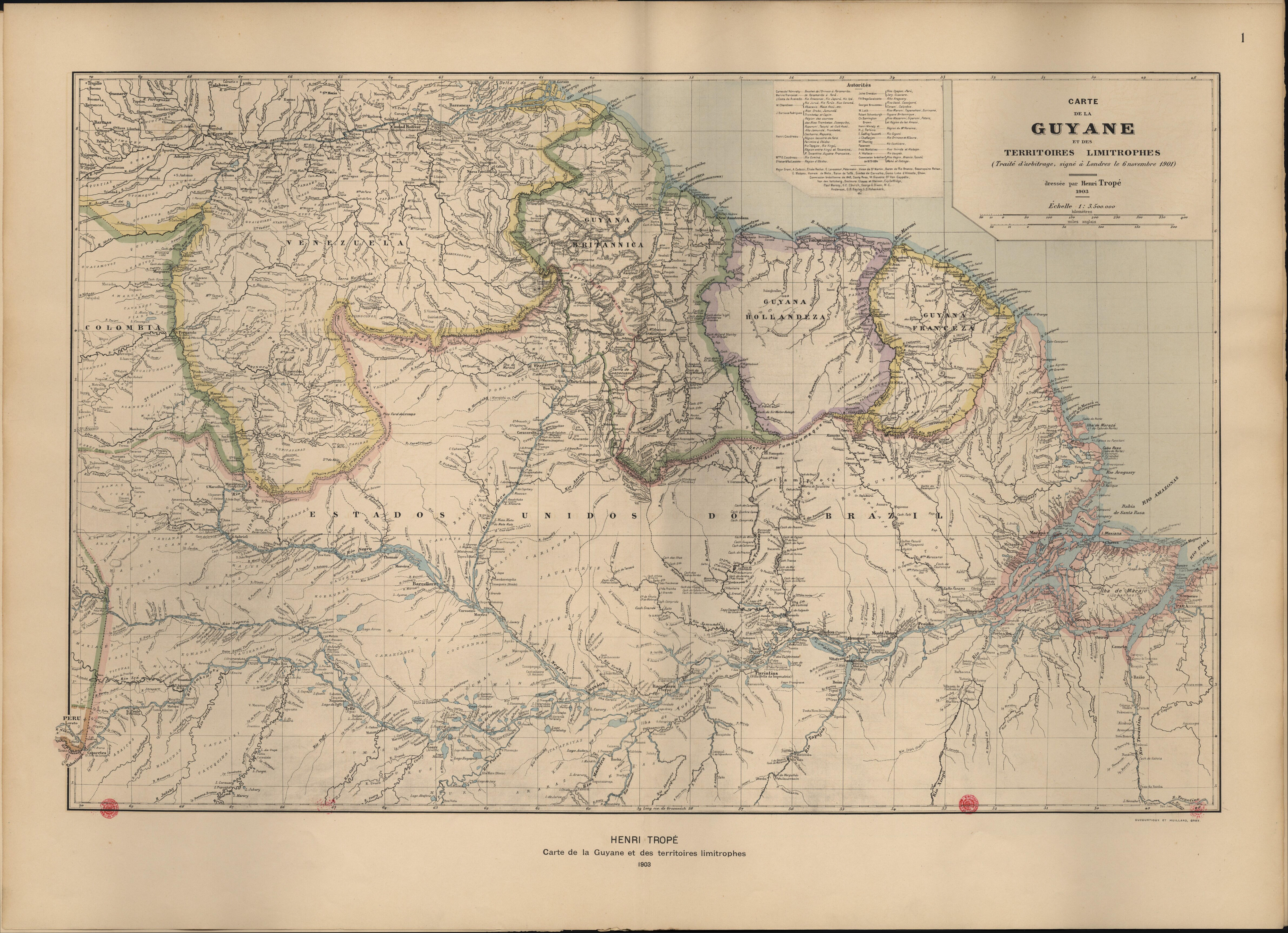 Carte de la Guyane et des territoires limitrophes (Traité d'arbitrage, signé à Londres le 6 novembre 1901)