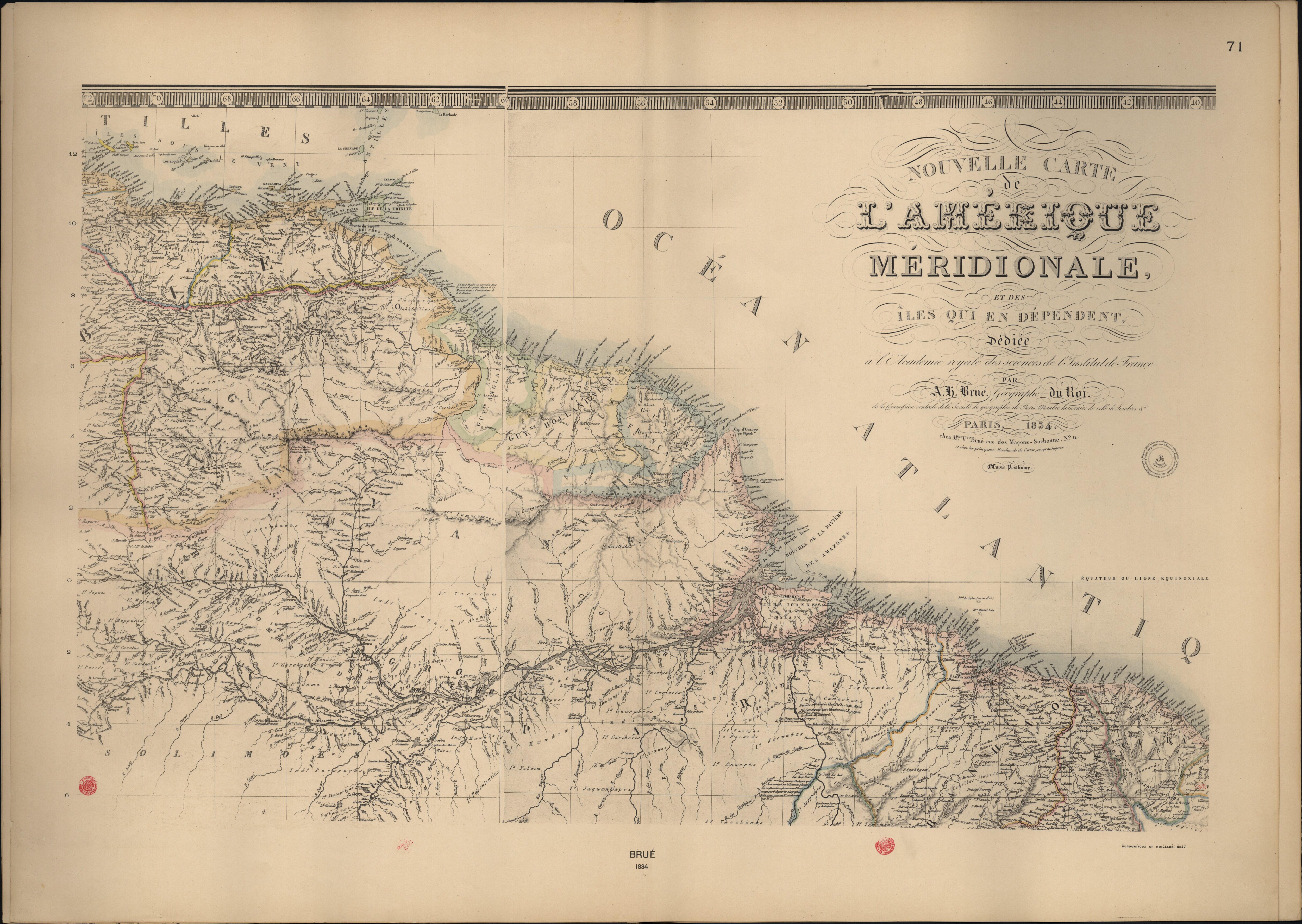 Nouvelle Carte de l'Amérique Méridionale, et des îles qui en dépendent dédiée à l'Academie royale des sciences de l'Institut de France.