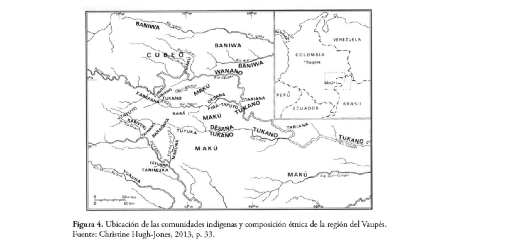 4. Ubicación de las comunidades indígenas y composición étnica de la región del Vaupés.