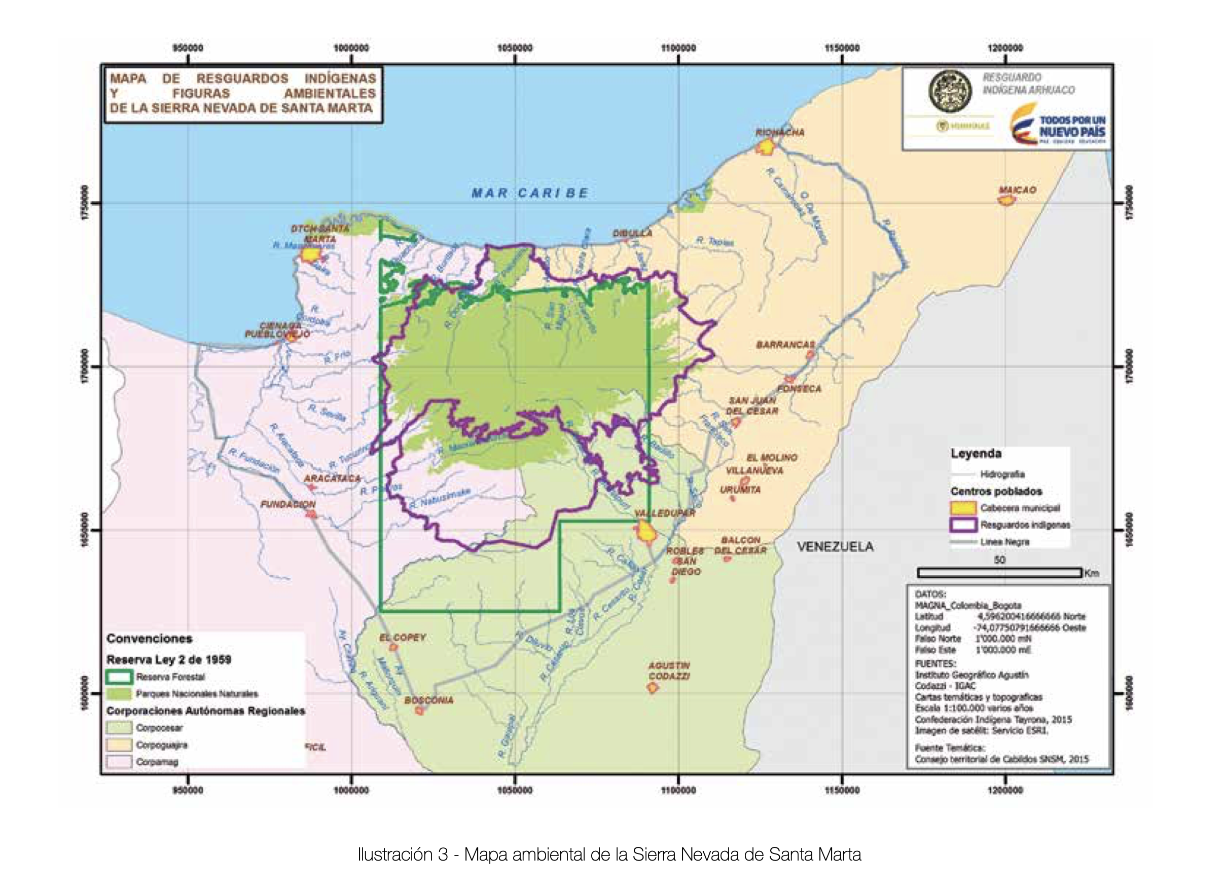 MAPA DE RESGUARDOS INDIGENAS Y FIGURAS AMBIENTALES DE LA SIERRA NEVADA DE SANTA MARTA