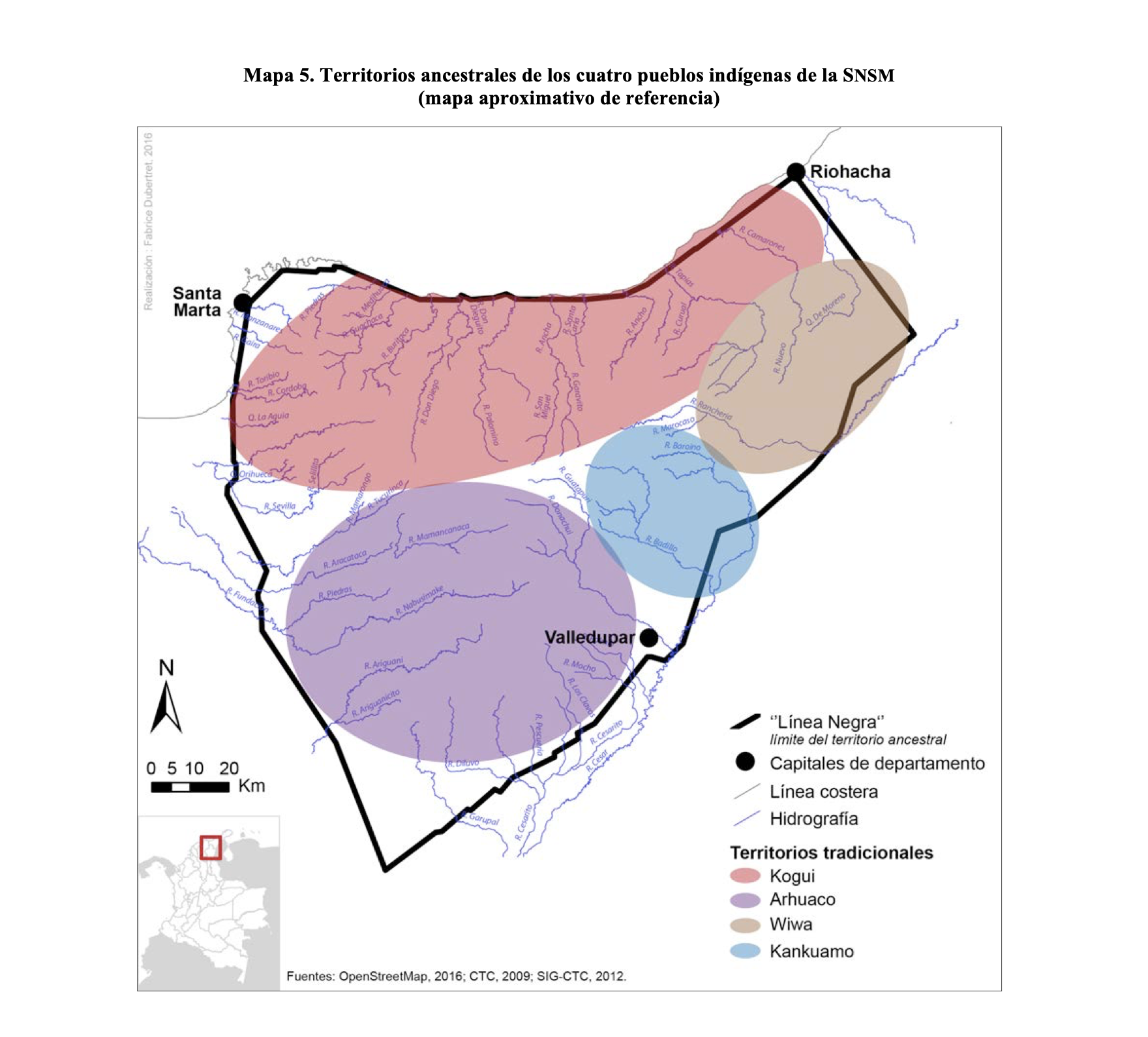 TERRITORIOS ANCESTRALES DE LOS CUATRO PUEBLOS INDIGENAS DE LA SSNM (MAPA APROXIMATIVO DE REFERENCIA)