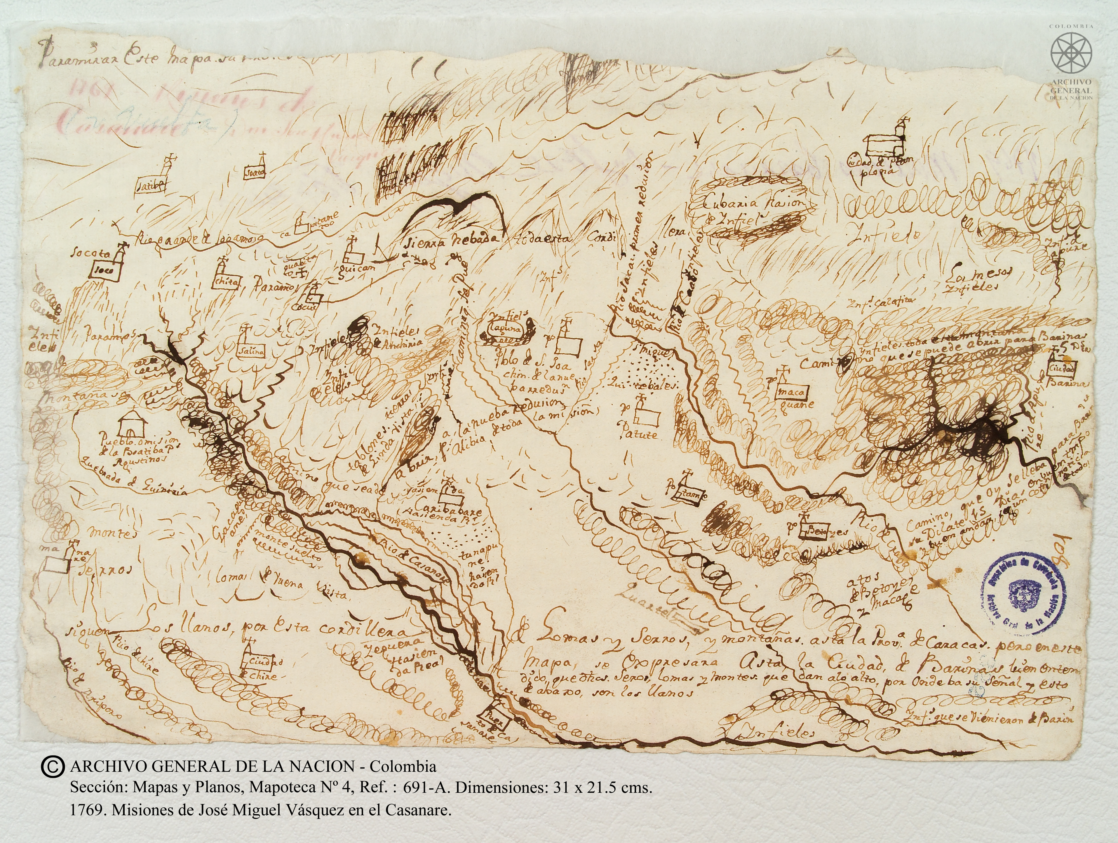 Mapa topográfico que señala las Misiones de don José Miguel Vásquez en el Casanare.