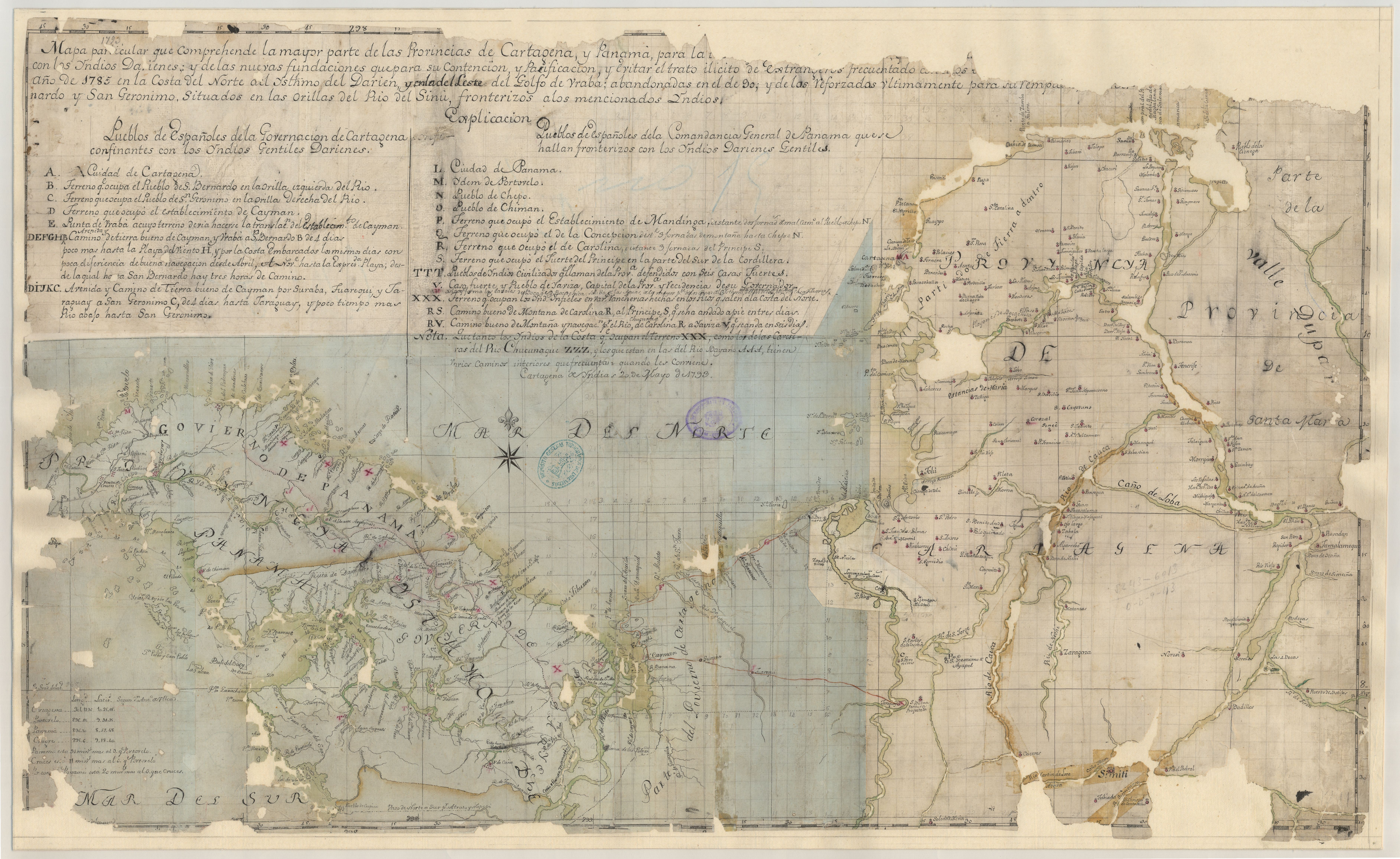 Mapa particular que comprehende la mayor parte de las provincias de Cartagena y Panamá para la [...] con los Yndios Darienes y de las nuevas fundaciones que para su continuacion, y pacificacion y evitar el trato ilícito de extrangeros frecuentado [...] Año de 1785 en la costa del Norte del Ysthmo del Darien y en la del leste del golfo de Uraba, abandonadas en el de 90, y de las reforzadas ultimamente para su [...]nardo y San Geronimo situados en las orillas del Rio del Sinu, fronterizos a los mencionados Yndio