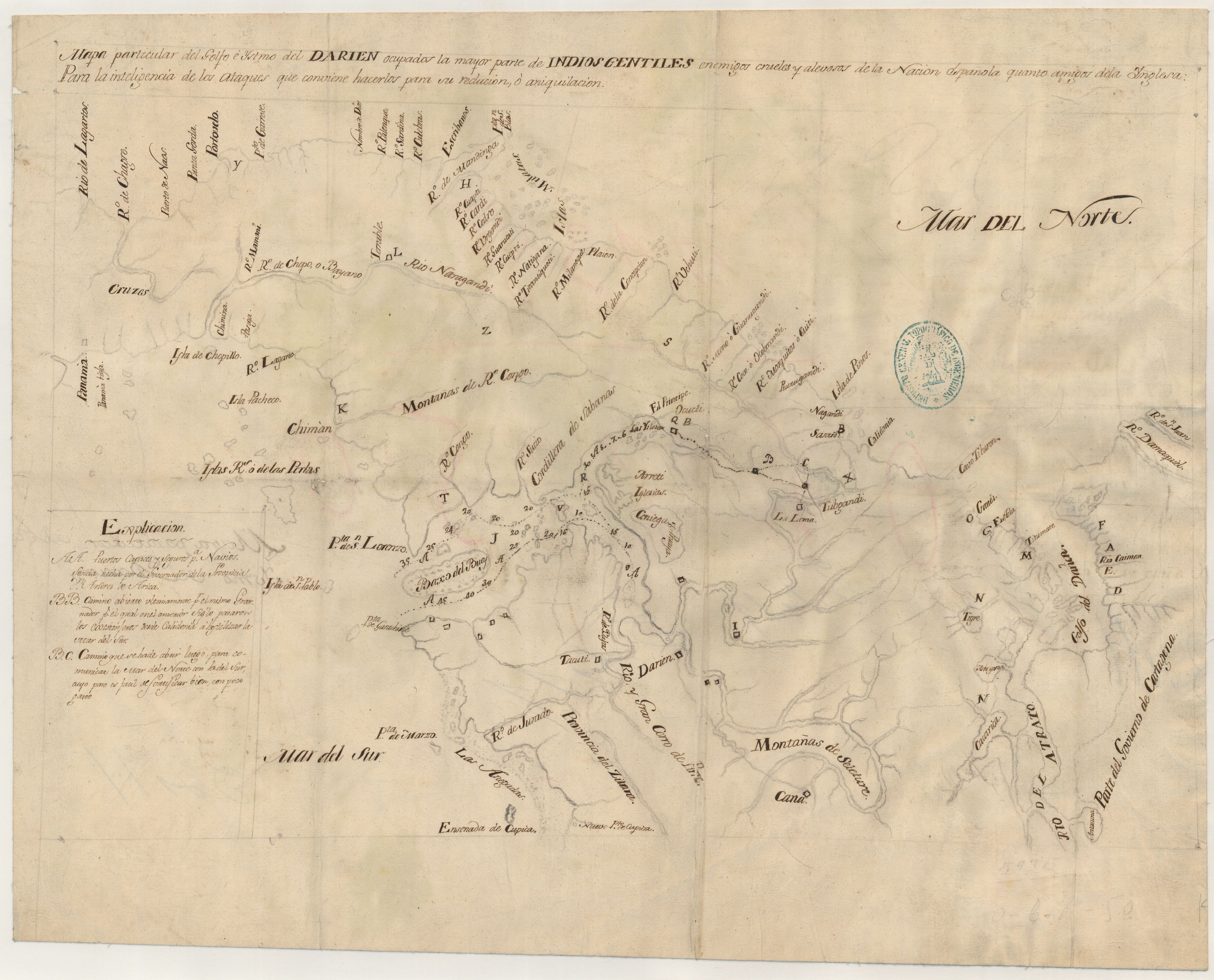 Mapa particular del Golfo e Ystmo del Darien ocupados por la mayor parte de los indios gentiles enemigos crueles y alevosos de la Nacion española quanto amigos dela inglesa : para la inteligencia de los ataques que conviene hacerlos para su reducion o aniquilacion