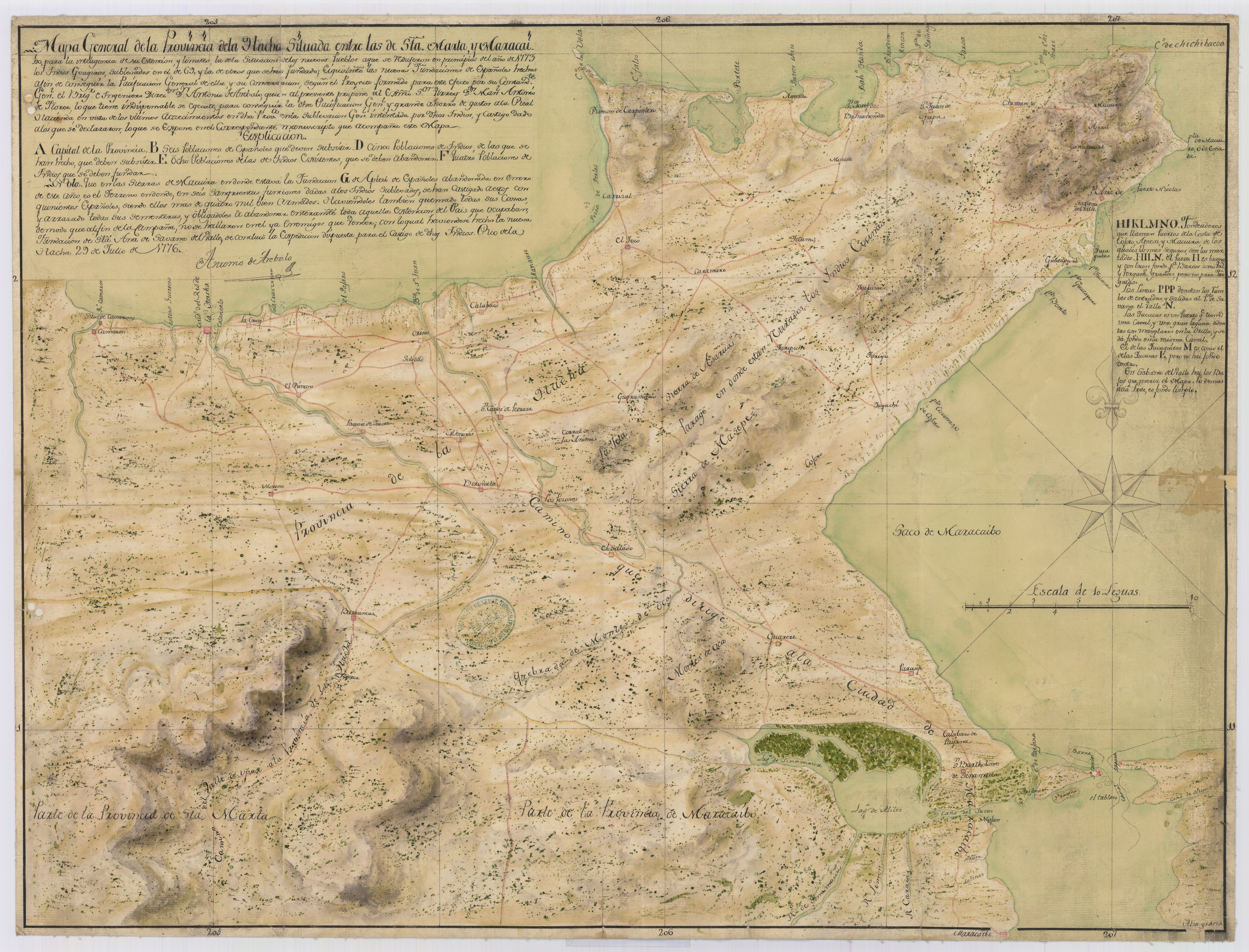 Mapa general de la Provincia de la Hacha  : Situada entre las de Sta.  Marta, y Maracaibo para inteligencia de su Estencion y limites de la situación de los nuevos pueblos a los que se redujeron en principios del año 1773 los indios goagiros, sublevados en el de 69 y la de otros que se han fundado, e igualmente las nuevas fundaciones de españoles hechas a fin de conseguir la pacificacion general de ella, y su conservacion, segun el proyecto formado para este efecto por su Comandte. Genl. el Briga. de ingenieros director Dn.  Antonio de Arebalo, quien al presente propone al Exmo. Sor. Virrey Dn. Manl.  Antonio de Florez lo que tiene indispensable se ejecute para conseguir la otra pacificacion Gnl., y grande ahorro de gastos a la Real Hacienda