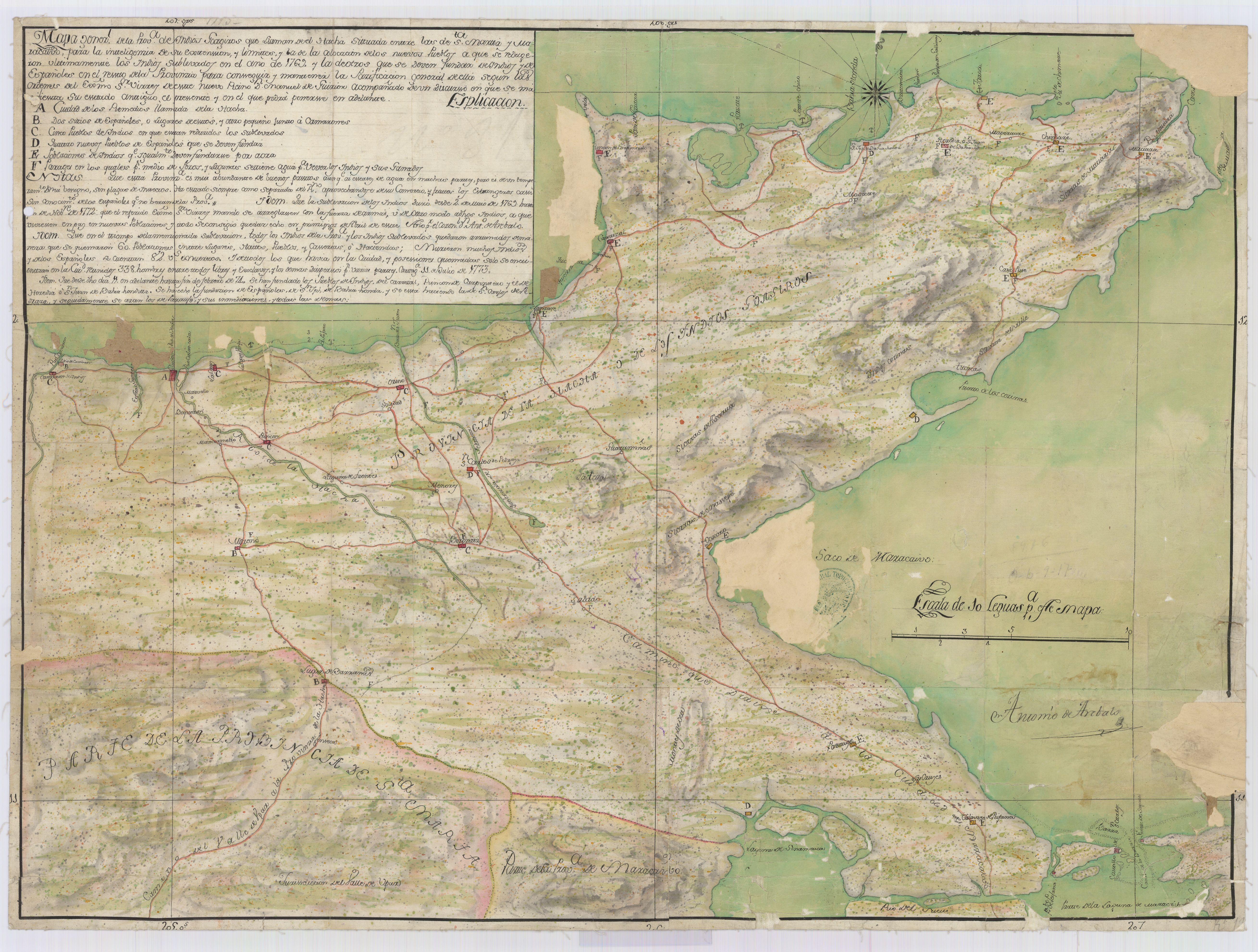 Mapa generl. de la prova de Yndios Guagiros que llaman del Hacha [sic]  : Situada entre las de Sta. Marta y Maracaibo, para la inteligencia de su exttenssion y limites, y la de colocacion de los nuevos pueblos a que se redugeron ultimamente los indios sublevados en el año de 1769, y las de otros que se deven fundar de yndios y de españoles en el resstto de la provincia para consseguir y mantener la pacificacion general de ella segun las órdenes del Exmo. Sr.  Virrey de esstte nuevo reino Dn. Manuel Guirion acompañado de un discurso en el que se manifiesstta su essttado anttiguo, el pressentte y en el podra ponersse en adelantte