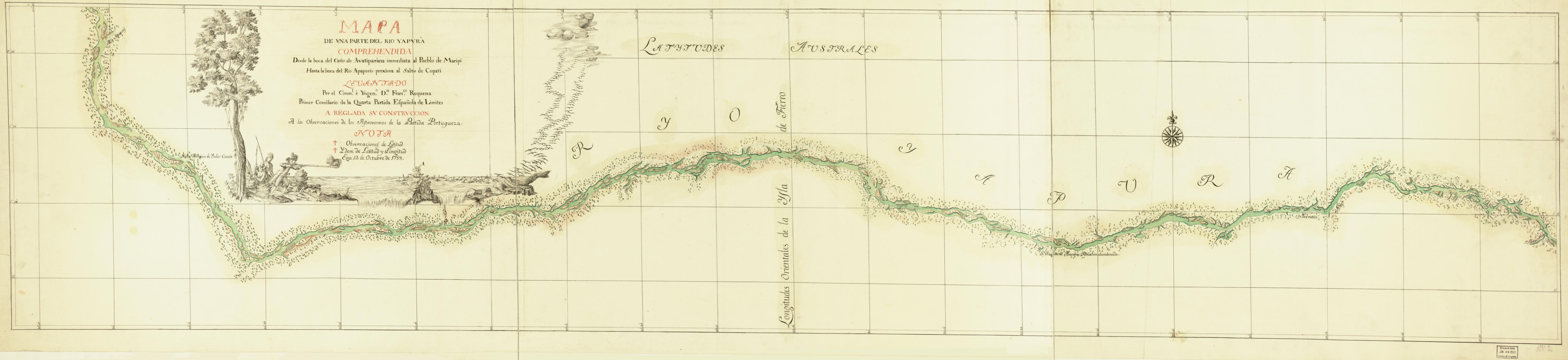 Mapa de una parte del Rio Yapurá : comprehendida desde la boca del Caño de Avatiparána immediata al pueblo de Maripi hasta la boca del Rio Apaporis proxima al Salto de Cupati