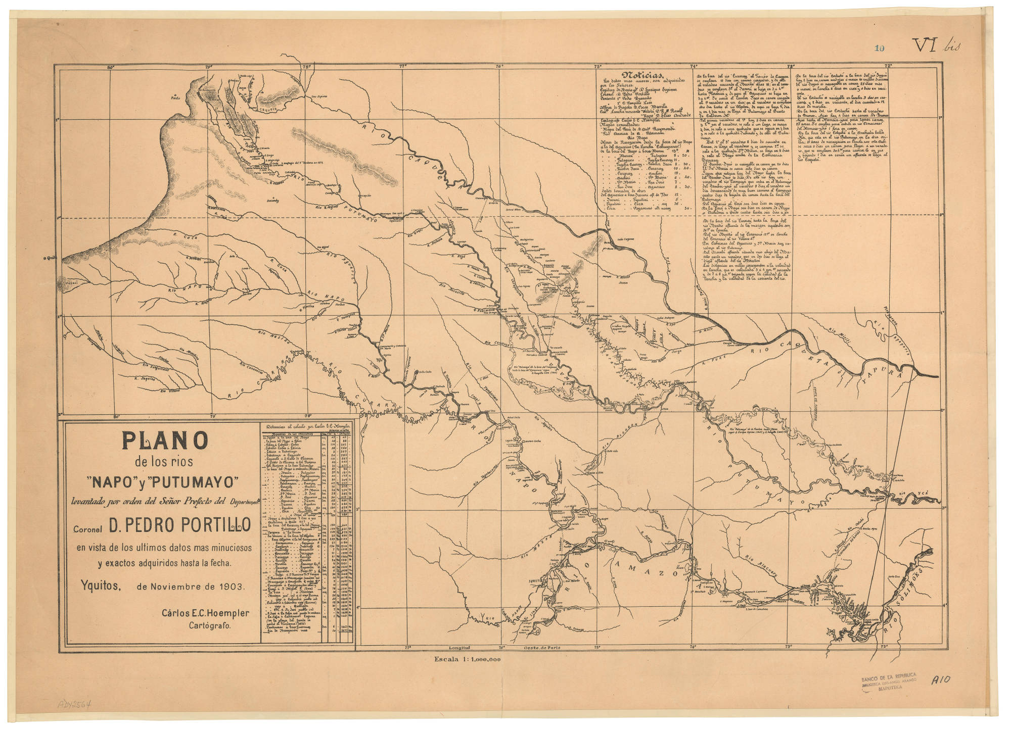 PLANO de los rios “NAPO” y “PUTUMAYO” levantado por orden del Señor Prefecto del Departamento Coronel D. PEDRO PORTILLO