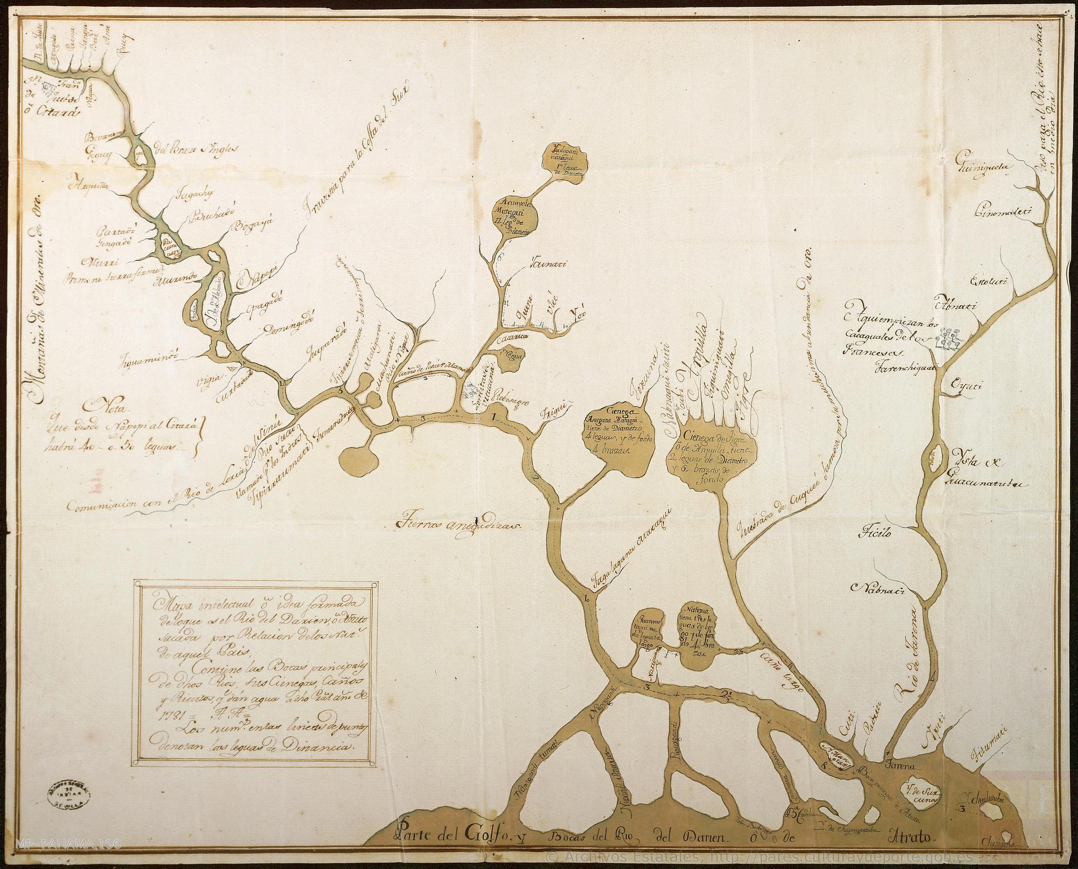 Mapa intelectual o idea formada de lo que es el Río del Darién o Atrato sacada por Relación de los nat[urales] de aquel Pais: Contiene las bocas principales de d[ic]hos Rios, sus cienegas, caños y riecitos que dan agua a d[ic]ho Pr[incip]al. Año de 1781. A.A.