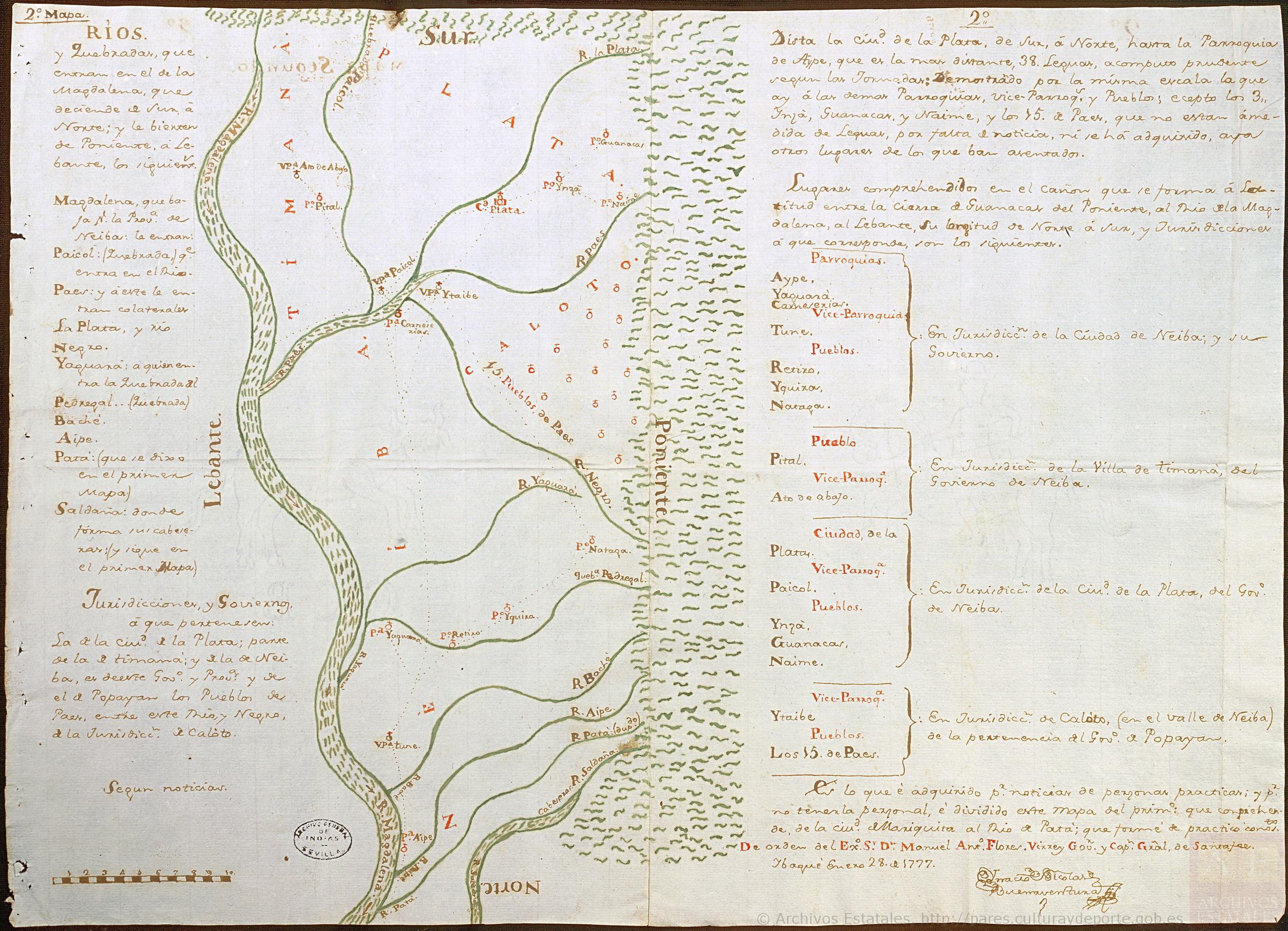 Mapa de las regiones de Neiva, Timaná, Plata y Caloto, en la vertiente izquierda del Magdalena