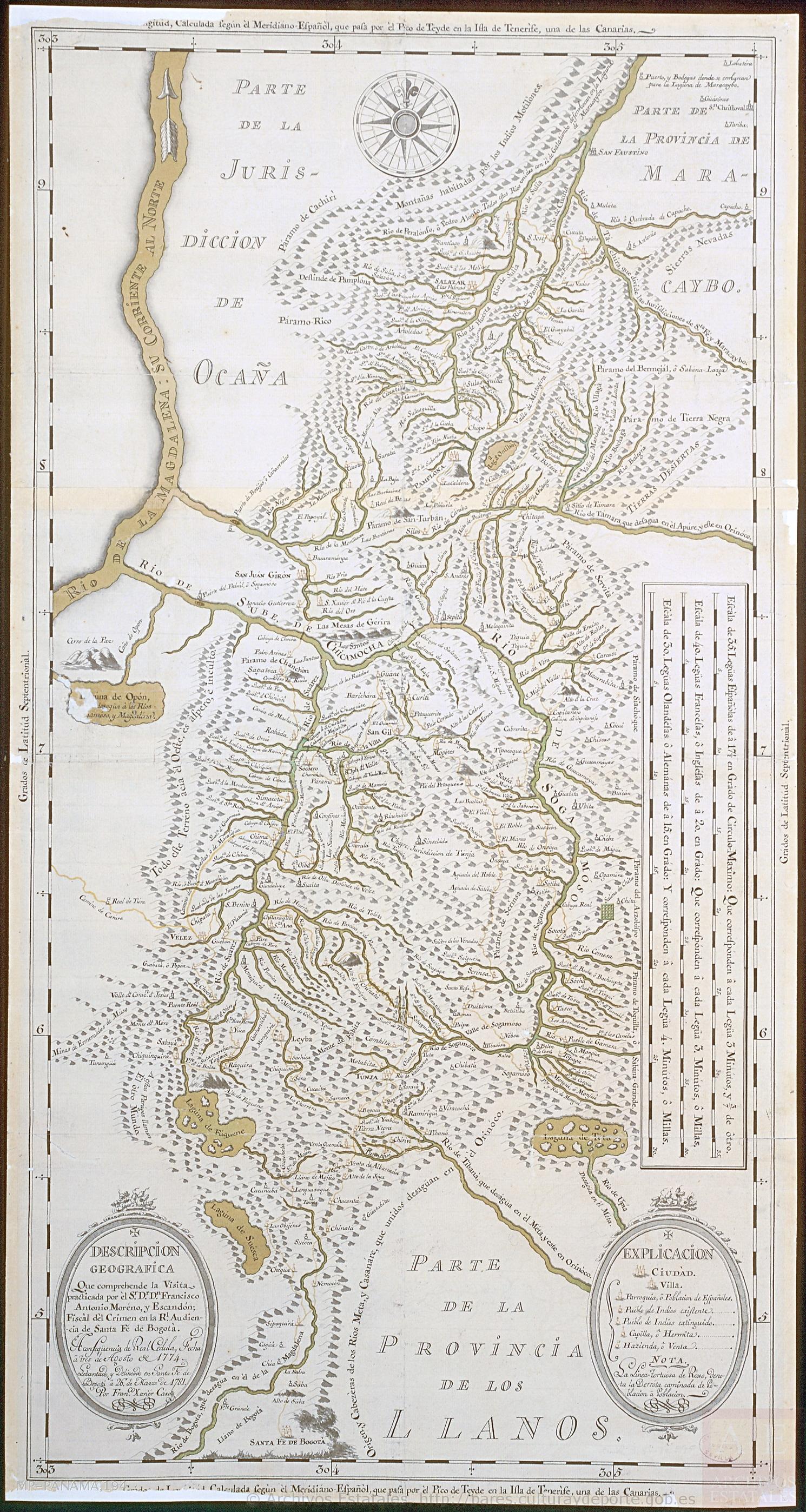 Descripción geográfica (mapa que comprehende la visita practicada por el Sr. Doctor Don Francisco Antonio Moreno y Escandon;Fiscal del Crimen en la Real Audiencia de Santa Fé de Bogotá. 1781 A consequencia de Real Cédula fecha á tres de Agosto de 1774