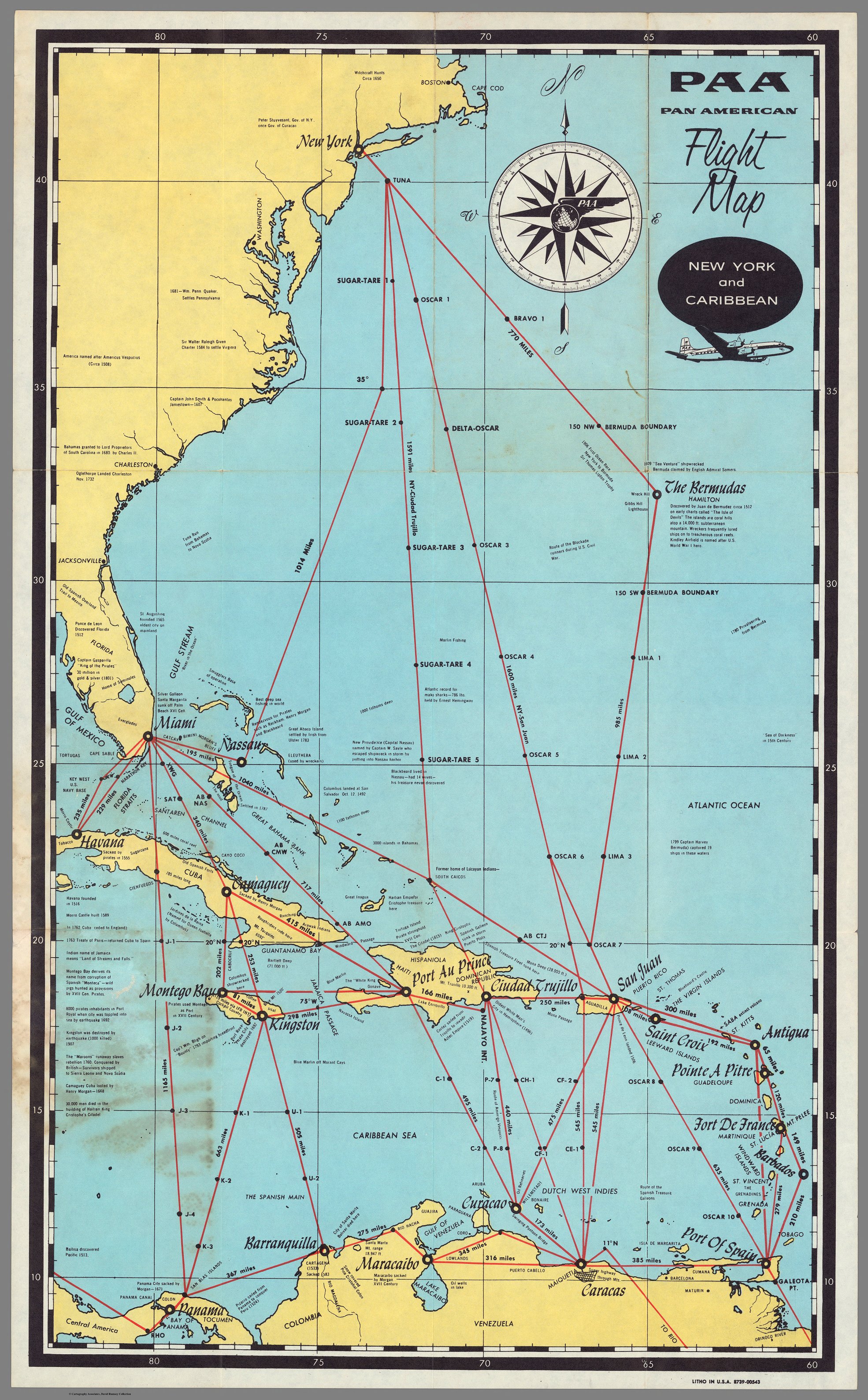 PAA. Pan American Flight Map. New York and Caribbean.