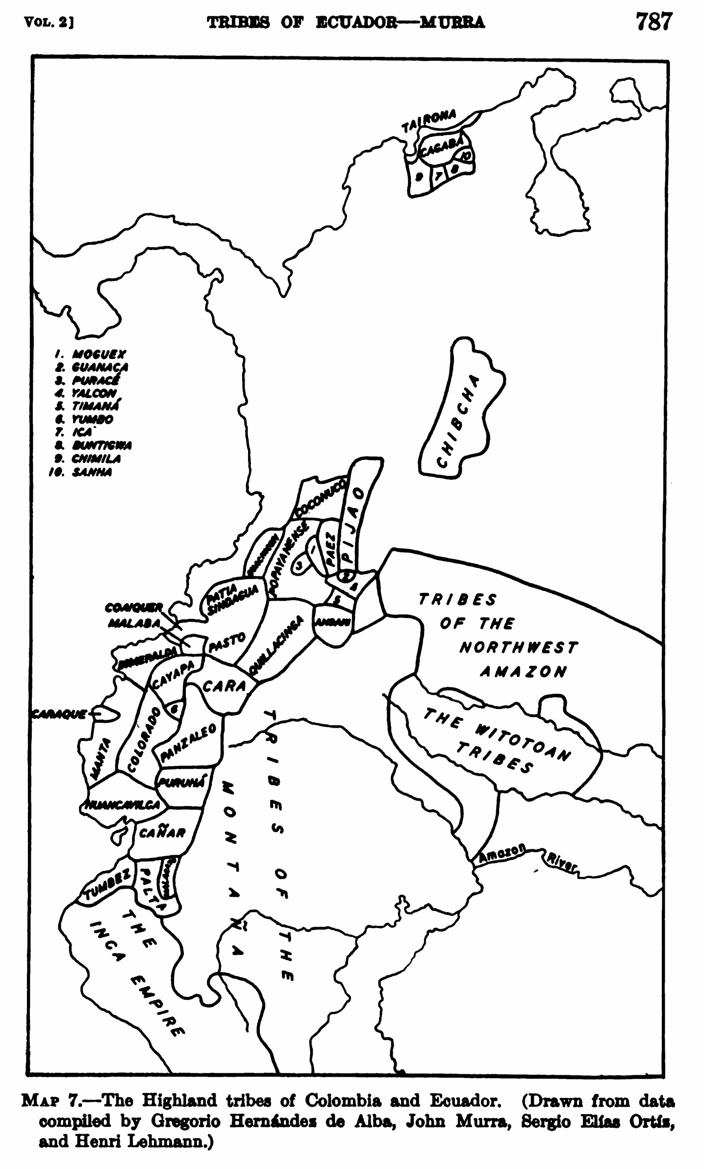 MAP 7.—The Highland tribes of Colombia and Ecuador. (Drawn from data compiled by Gregorio Hernández de Alba;John Murra;Sergio Elías Ortíz;and Henri Lehmann.)