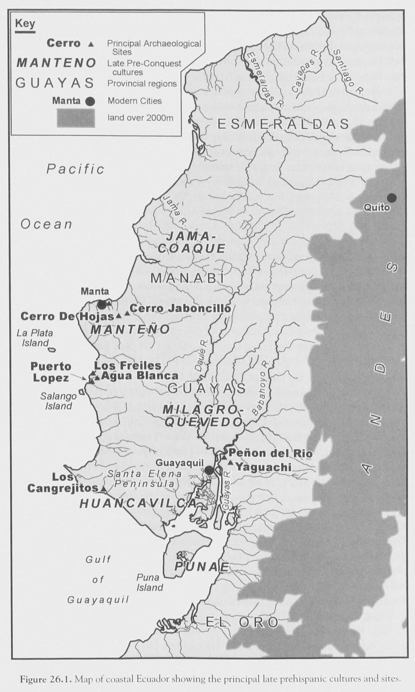 FIGURE 26.1. MAP OF COASTAL ECUADOR SHOWING THE PRINCIPAL COASTAL PREHISPANIC CULTURES AND SITES