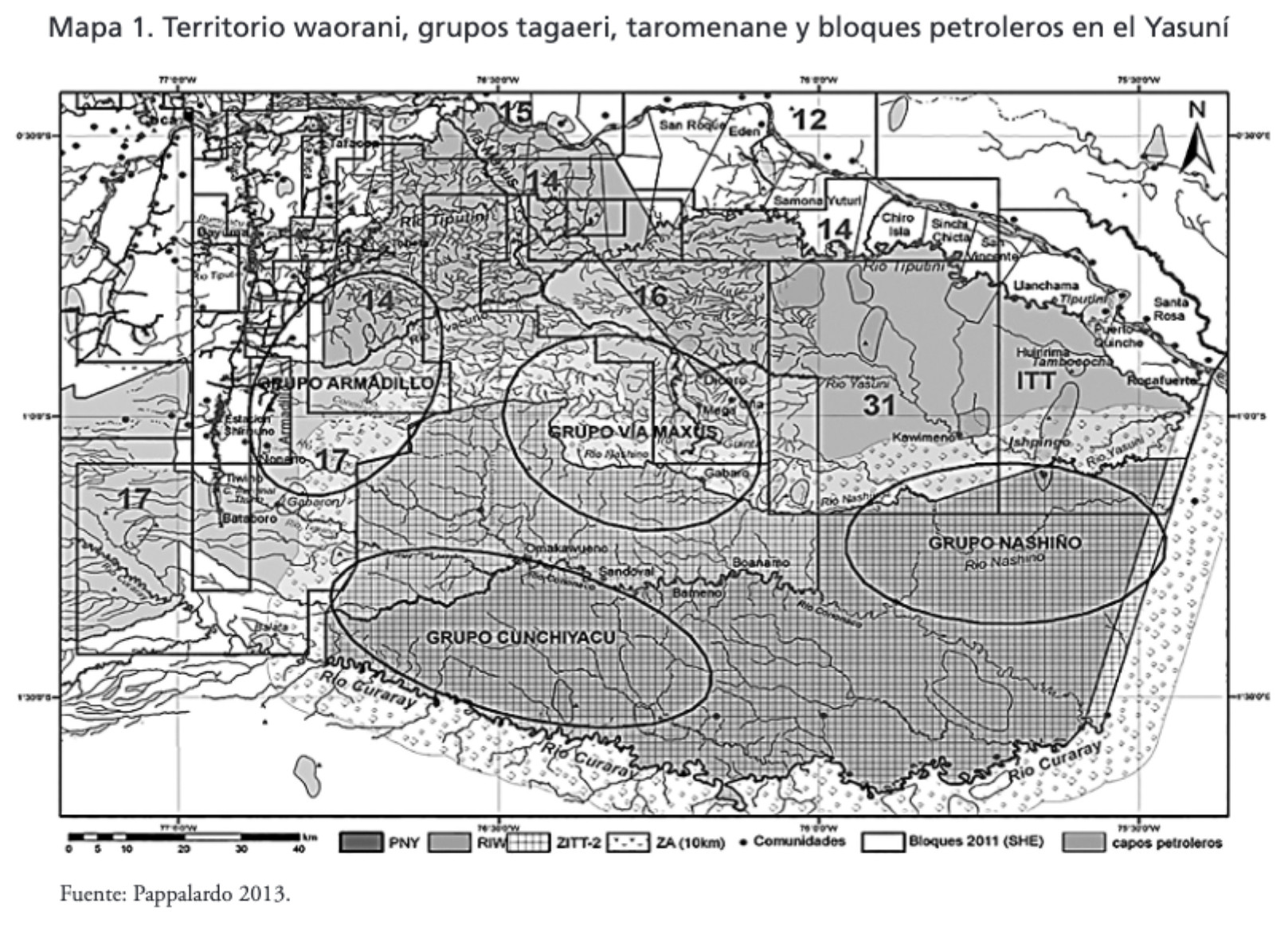 MAPA 1. TERRITORIO WAORANI;GRUPOS TAGAERI;TAROMENANE Y BLOQUES PETROLEROS EN EL YASUNÍ