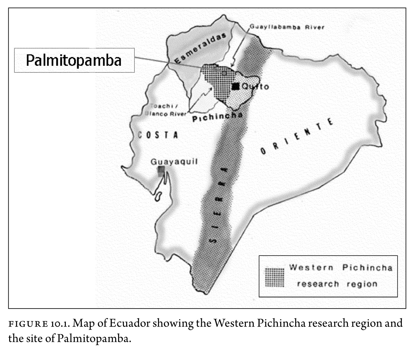 Figure 10.1. Map of Ecuador showing the Western Pichincha research region and the site of Palmitopamba.