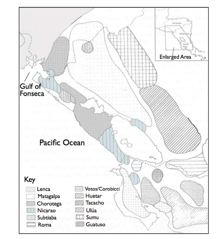 Map representing the linguistic diversity that existed in Central America and the Gulf of Fonseca at the time of contact with the Spanish