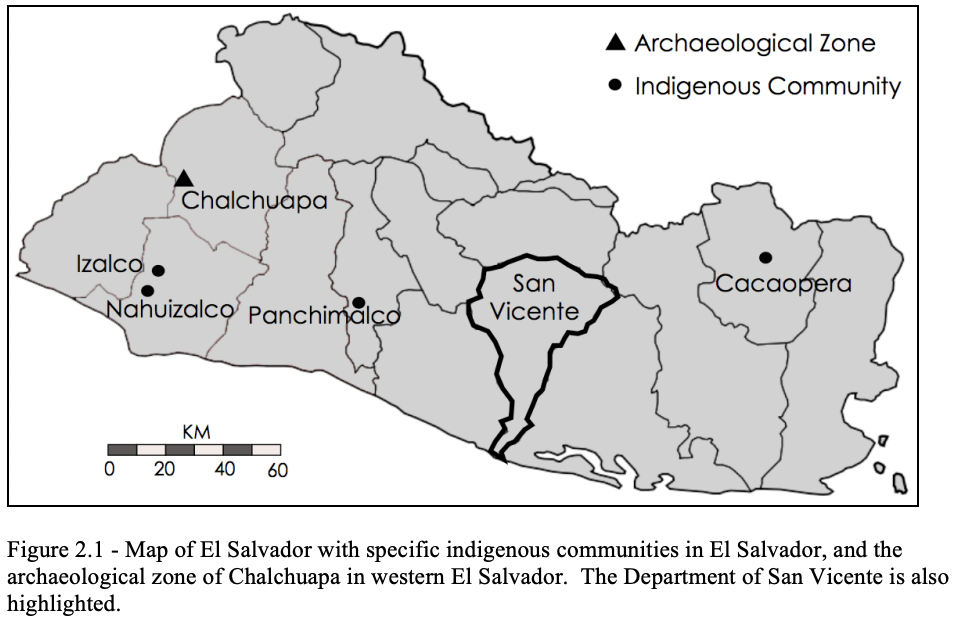 Map of El Salvador with Specific indigenous communities in El Salvador, and the archaeological zone of Chalchuapa in western El Salvador. The Department of San Vicente is also highlighted.