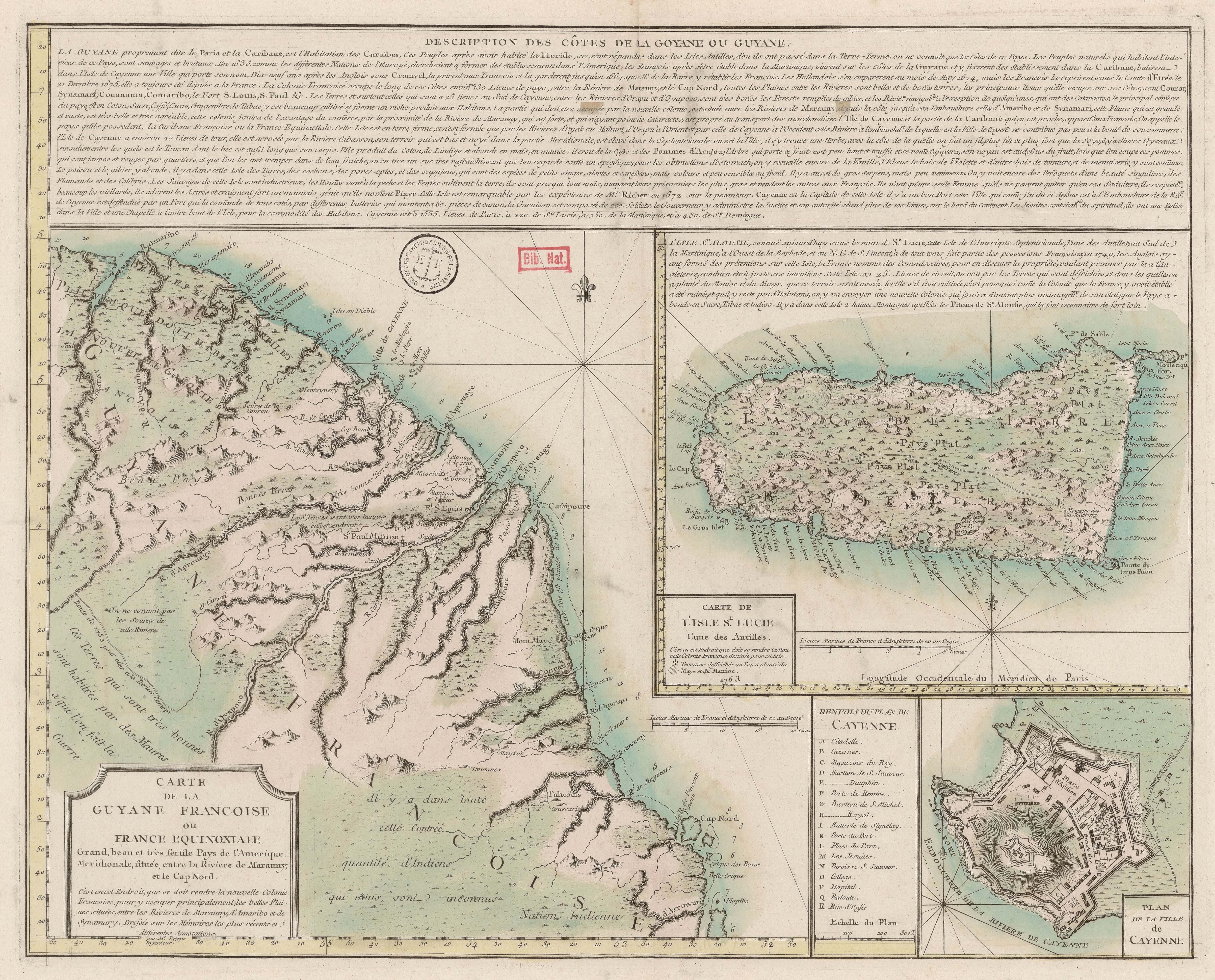 Carte de la Guyane Francoise ou France Equinoxiale. Grand, beau et très fertile Pays de l'Amerique Meridionale, située entre la Riviere de Marauny et le Cap Nord