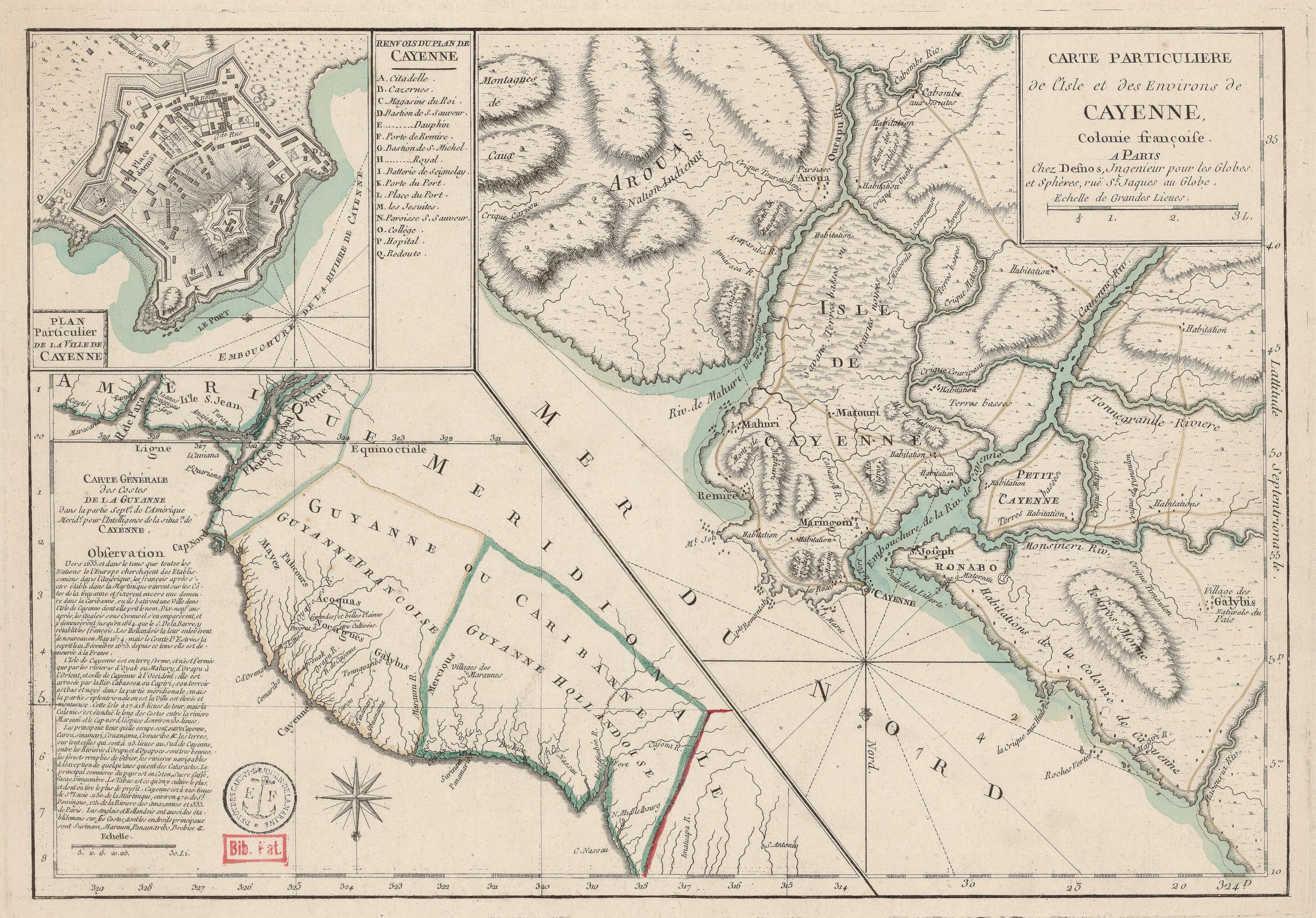 Carte particulière de l'Isle et des environs de Cayenne colonie françoise À Paris Chez Desnos, Ingénieur pour les Globes et Sphères.