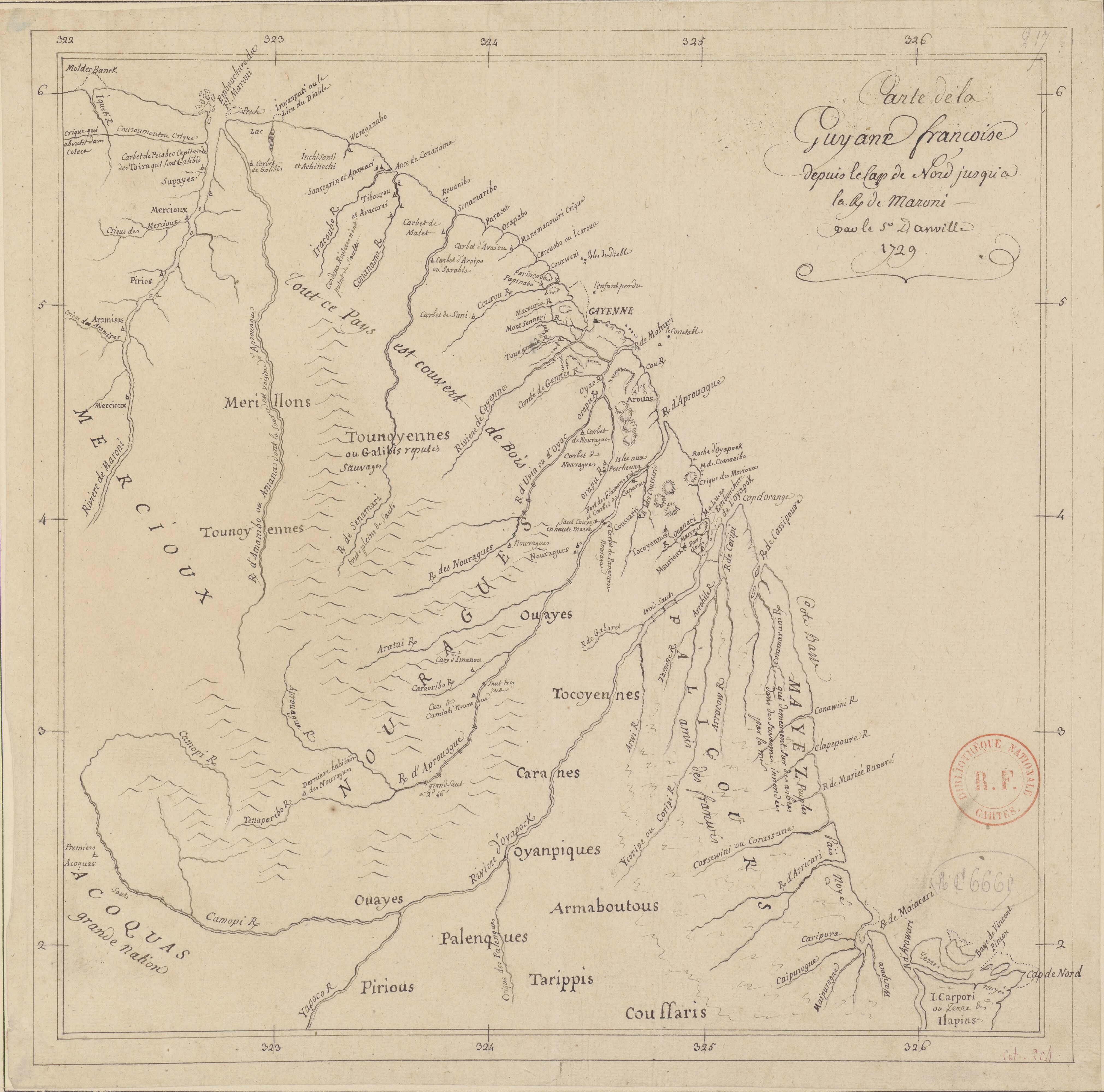 Carte de la Guyane françoise depuis le cap de Nord jusqu'à la R. de Maroni, par le S.r D anville