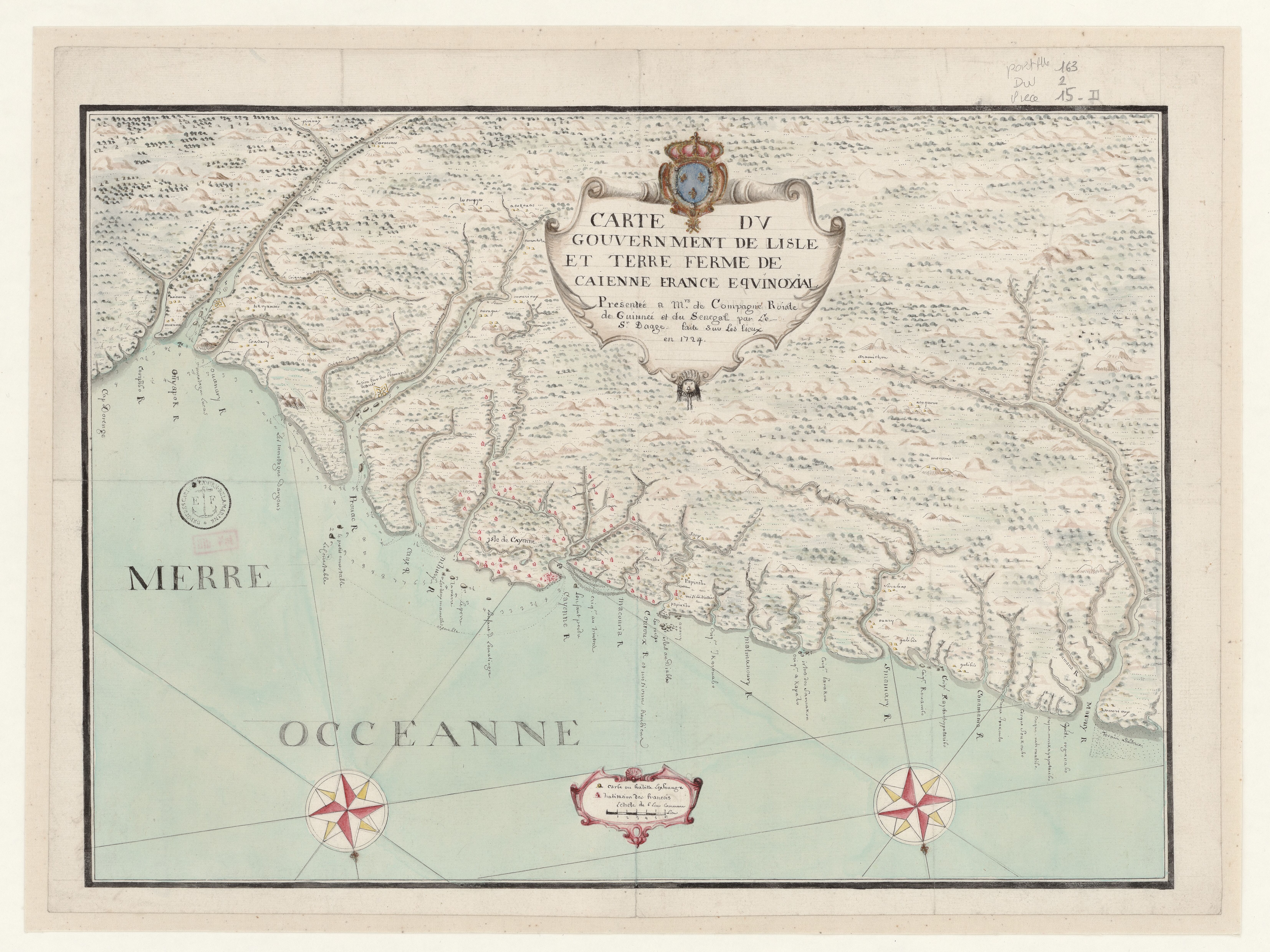 Carte du gouvernement de lisle et terre ferme de Caienne France equinoxial.