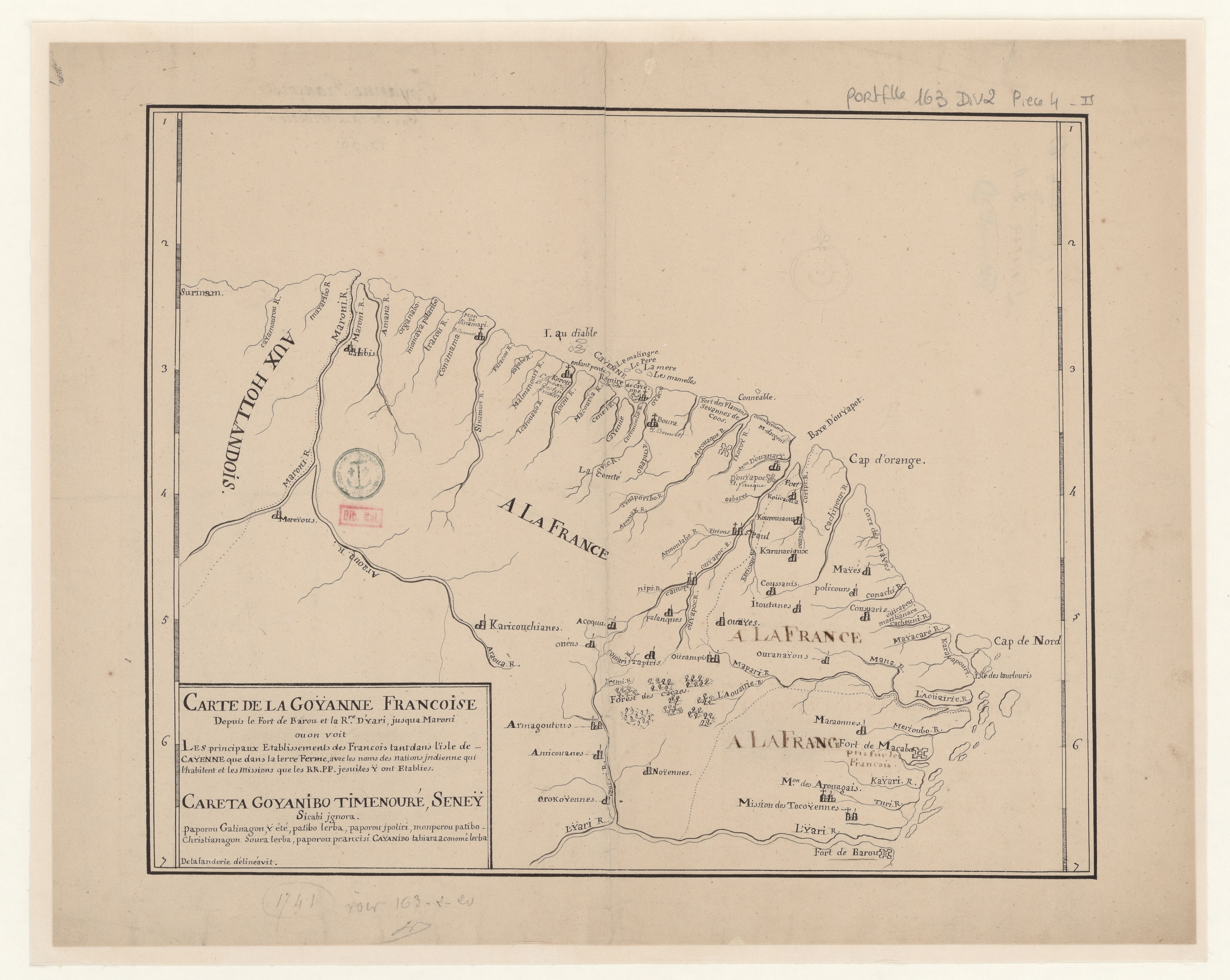 Carte de la Goÿanne francoise depuis le fort de Barou et la Rre. D'yari, jusqua Maroni ou on voit les principaux établissements des Francois tant das l'isle de Caÿenne que dans la terre ferme, avec les noms des nations indienne qui habitent et les missions que le RR.PP y ont établies.