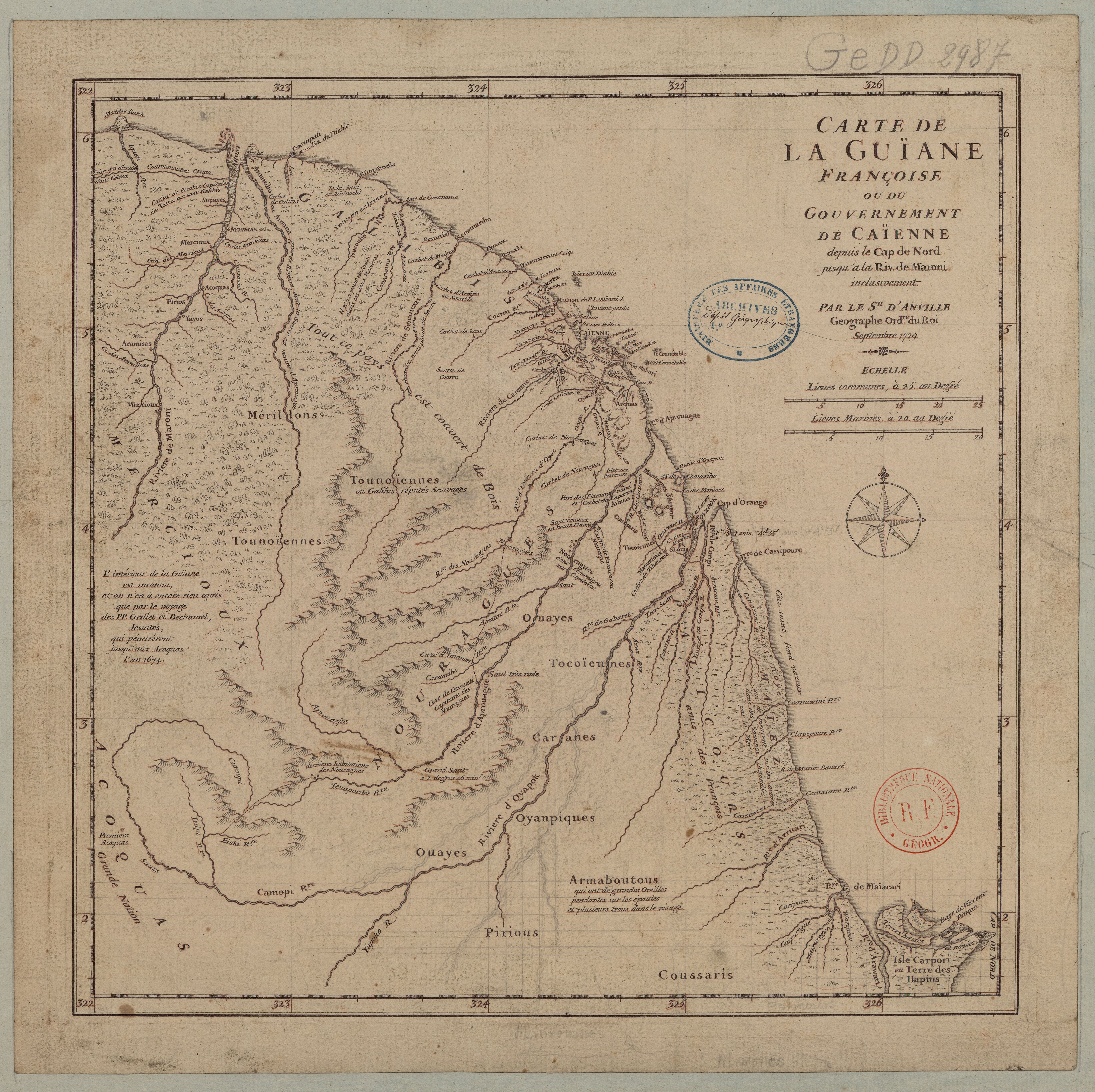 Carte de la Guïane françoise ou du gouvernement de Caïenne depuis le Cap de Nord jusqu'àla rivière de Maroni inclusivement.