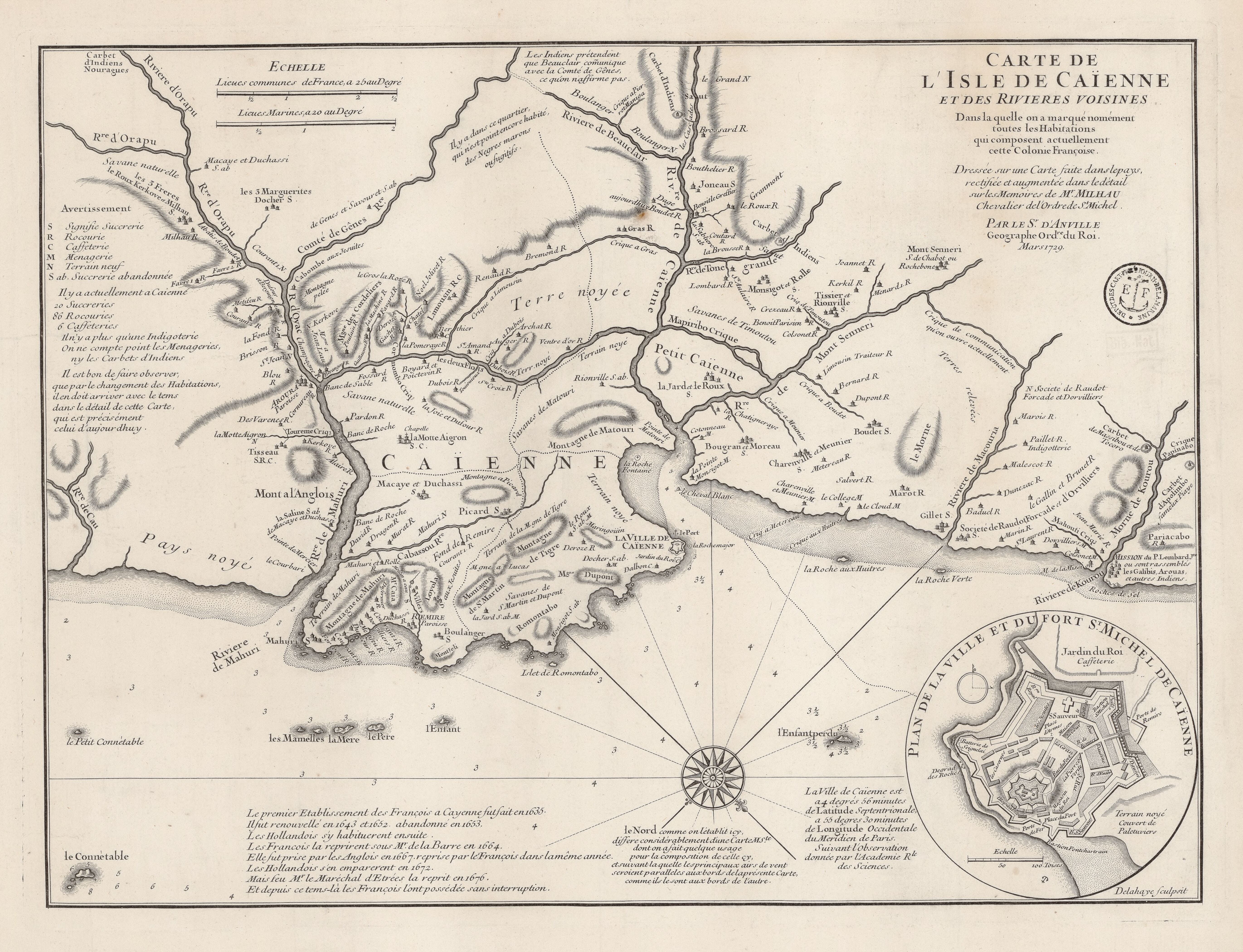 Carte de l'Isle de Caïenne et des rivières voisines dans laquelle on a marqué nommément toutes les habitations qui composent actuellement cette colonie françoise