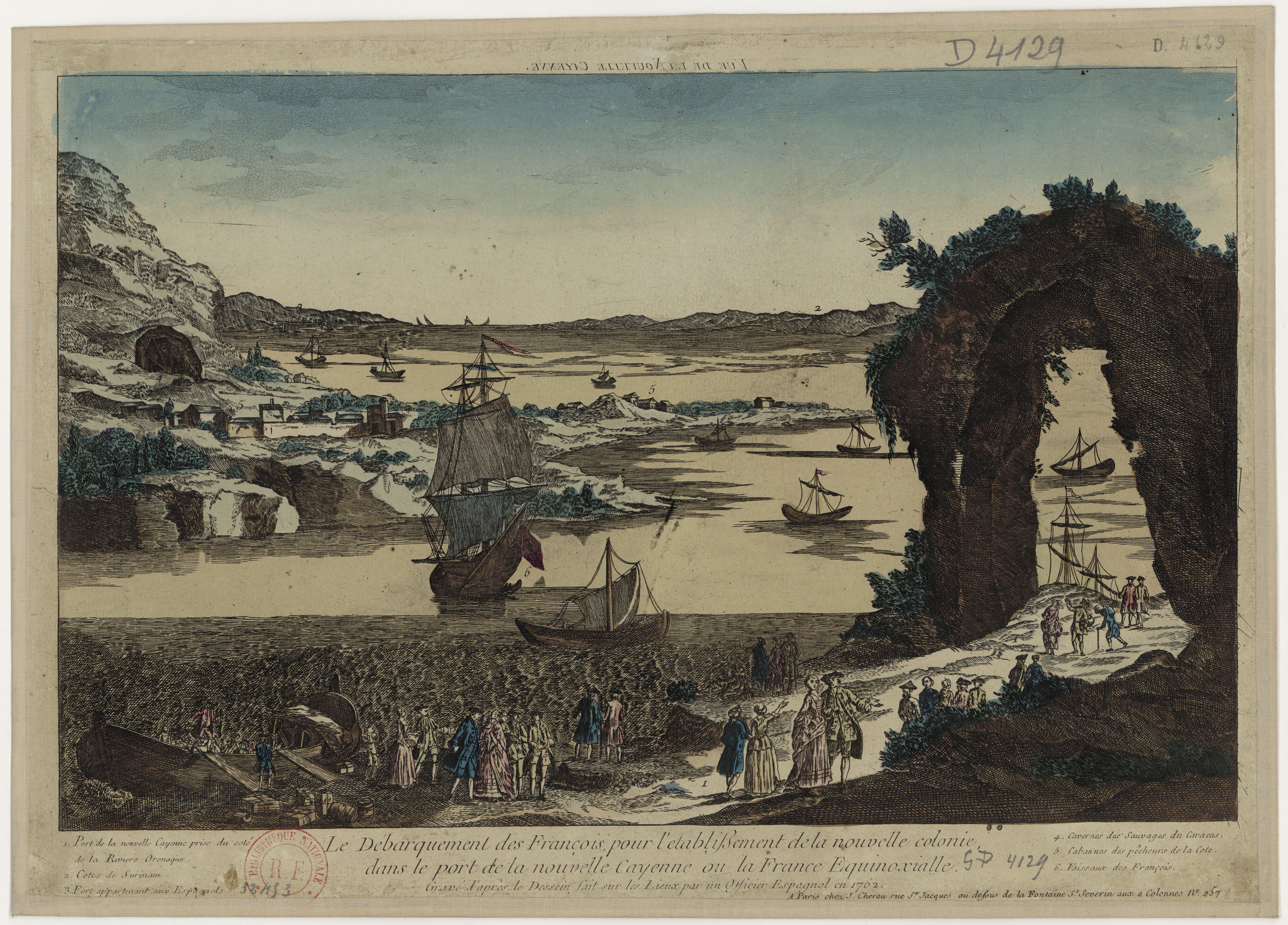 Vue de la Nouvelle Cayenne. Le Débarquement des Français, pour l'établissement de la nouvelle colonie, dans le port de la Nouvelle-Cayenne, ou la France équinoxiale, gravé d'après le dessin fait sur les lieux par un officier espagnol en 1762.