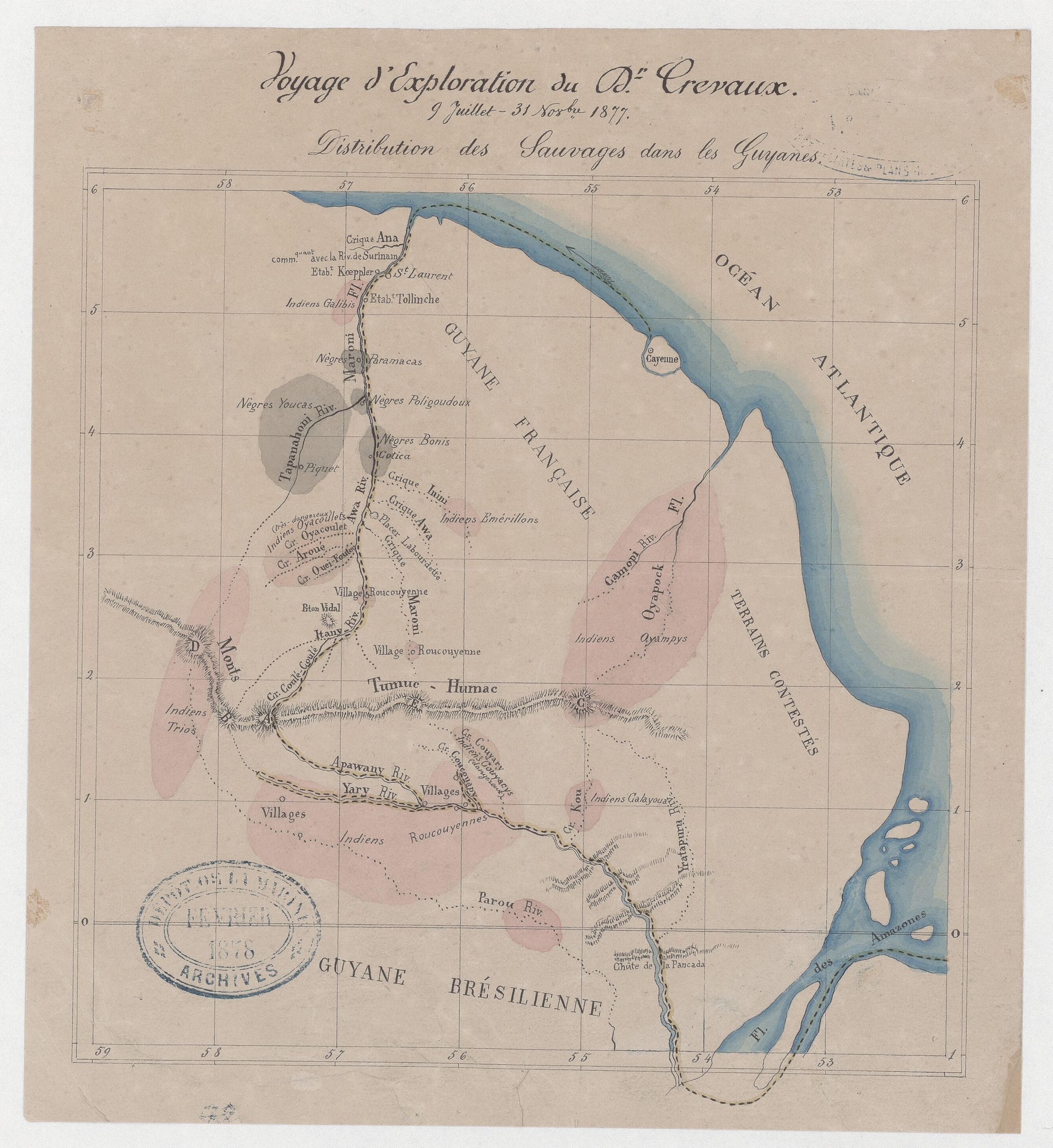 Voyage d'exploration du Docteur Crevaux, 9 juillet - 31 novembre 1877 : distribution des sauvages dans les Guyanes.