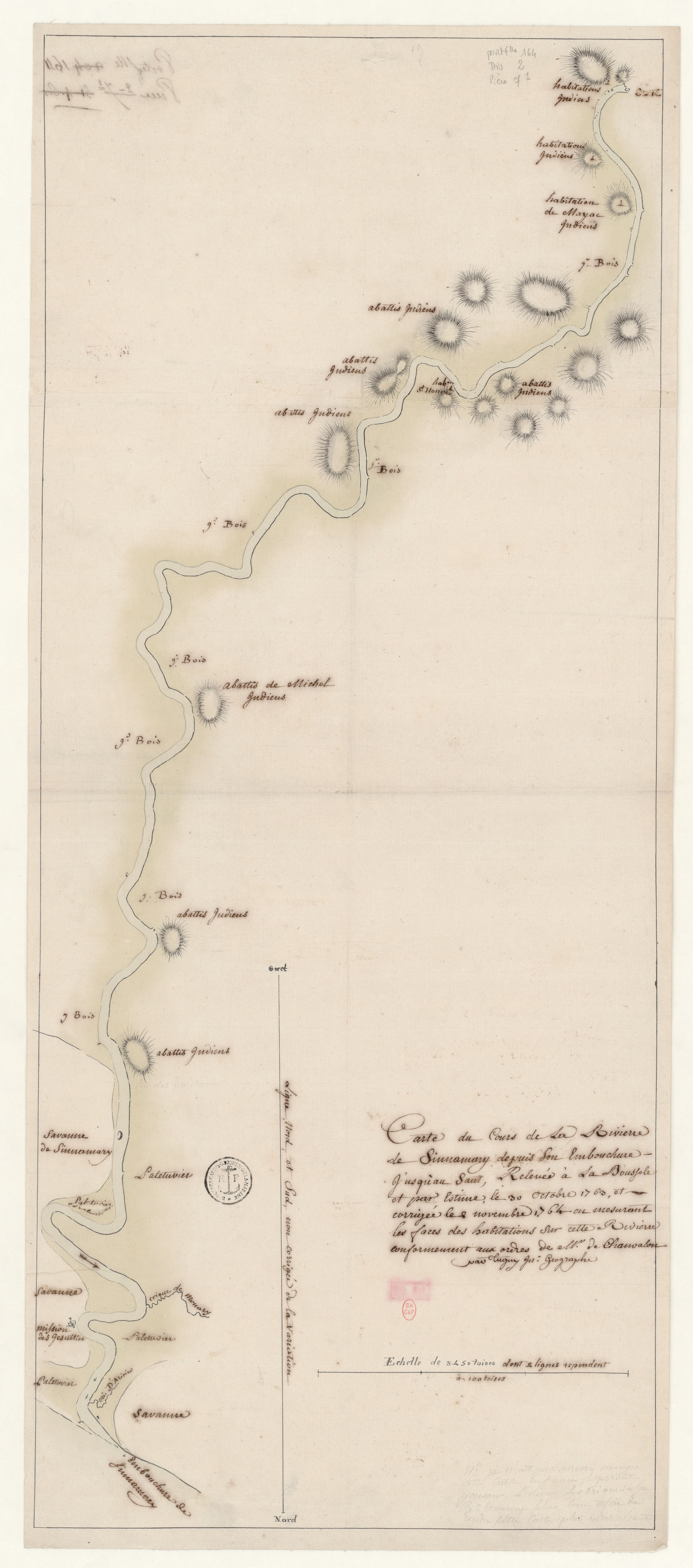 Carte du cours de la rivière de Sinnamary depuis son embouchure jusqu'au saut, relevée à la boussole et par estime, le 30 octobre 1763, et corrigée le 8 novembre 1764 en mesurant les faces des habitations sur cette rivière conformément aux ordres de Mr. de Chauvalon.