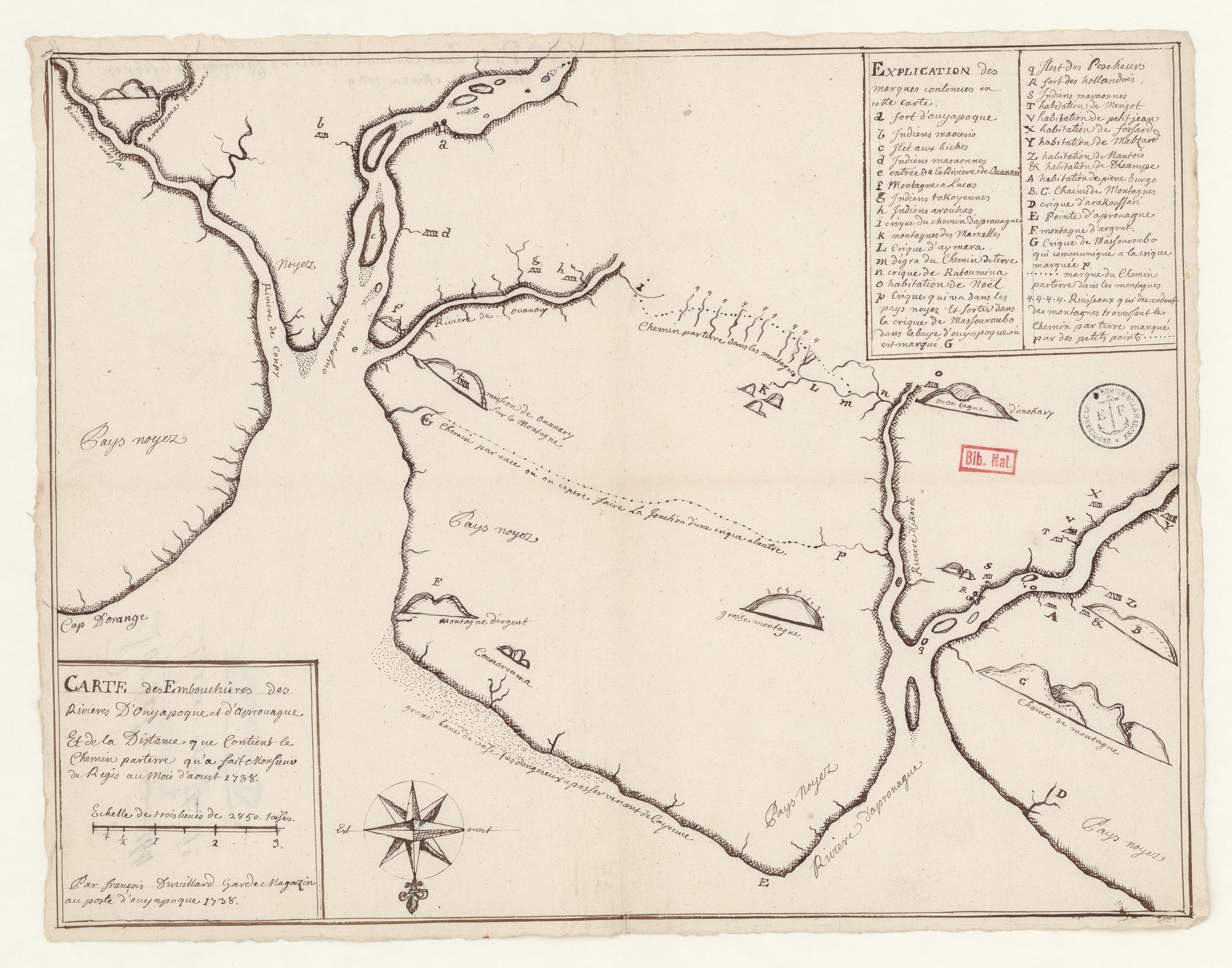 Carte des Embouchûres des Rivières d'Ouyapoque et d'Aprouague et de la distance que contient le chemin parterre qu'a fait Monsieur de Régis au mois d'août 1738 .