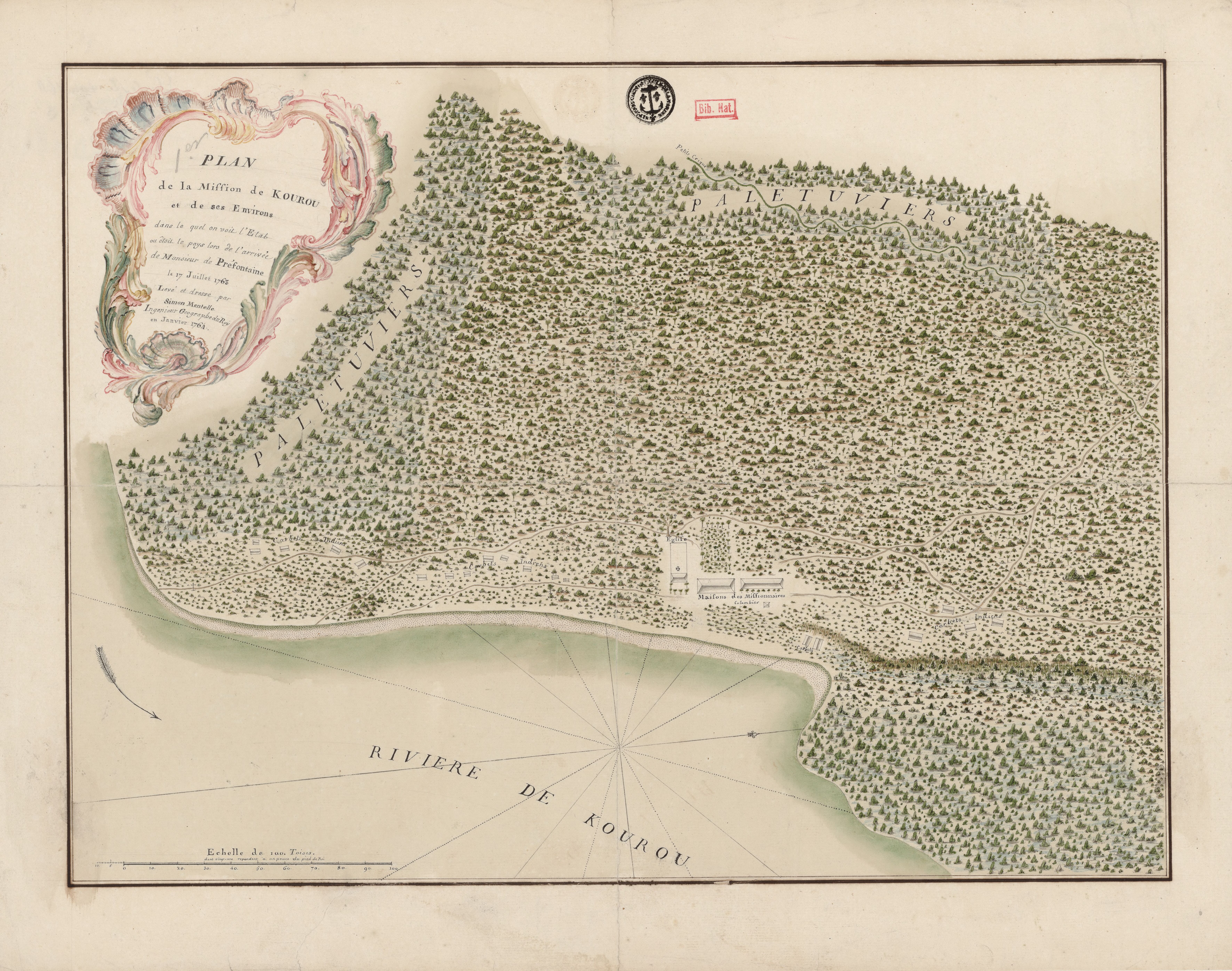 Plan de la Mission de Kourou et de ses Environs dans lequel on voit l'Etat dans lequel étoit le pays lors de l'arrivée de Monsieur de Préfontaine le 17 juillet 1763