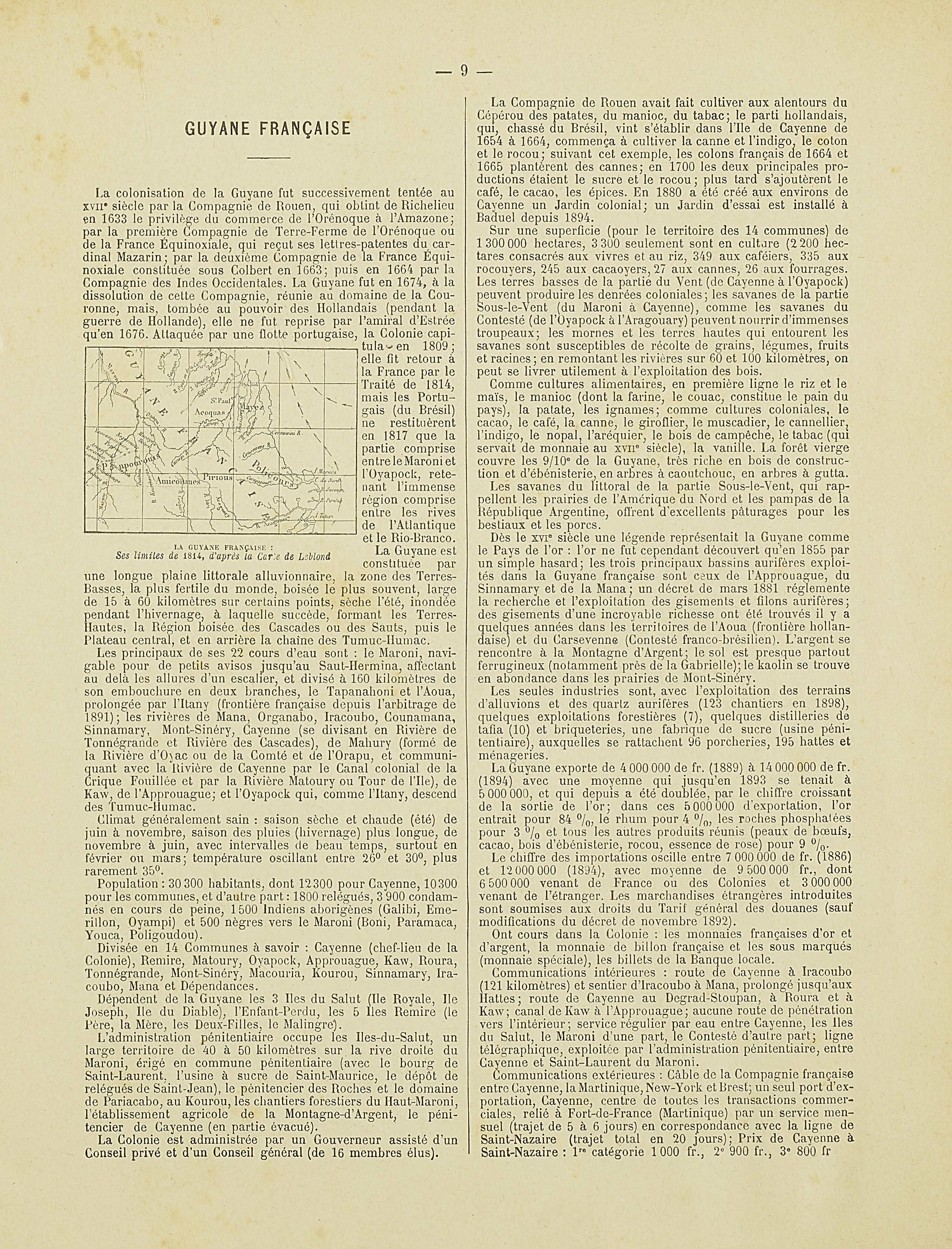 La Guyane française : Ses limited de 1814, d'après la carte de Leblond.